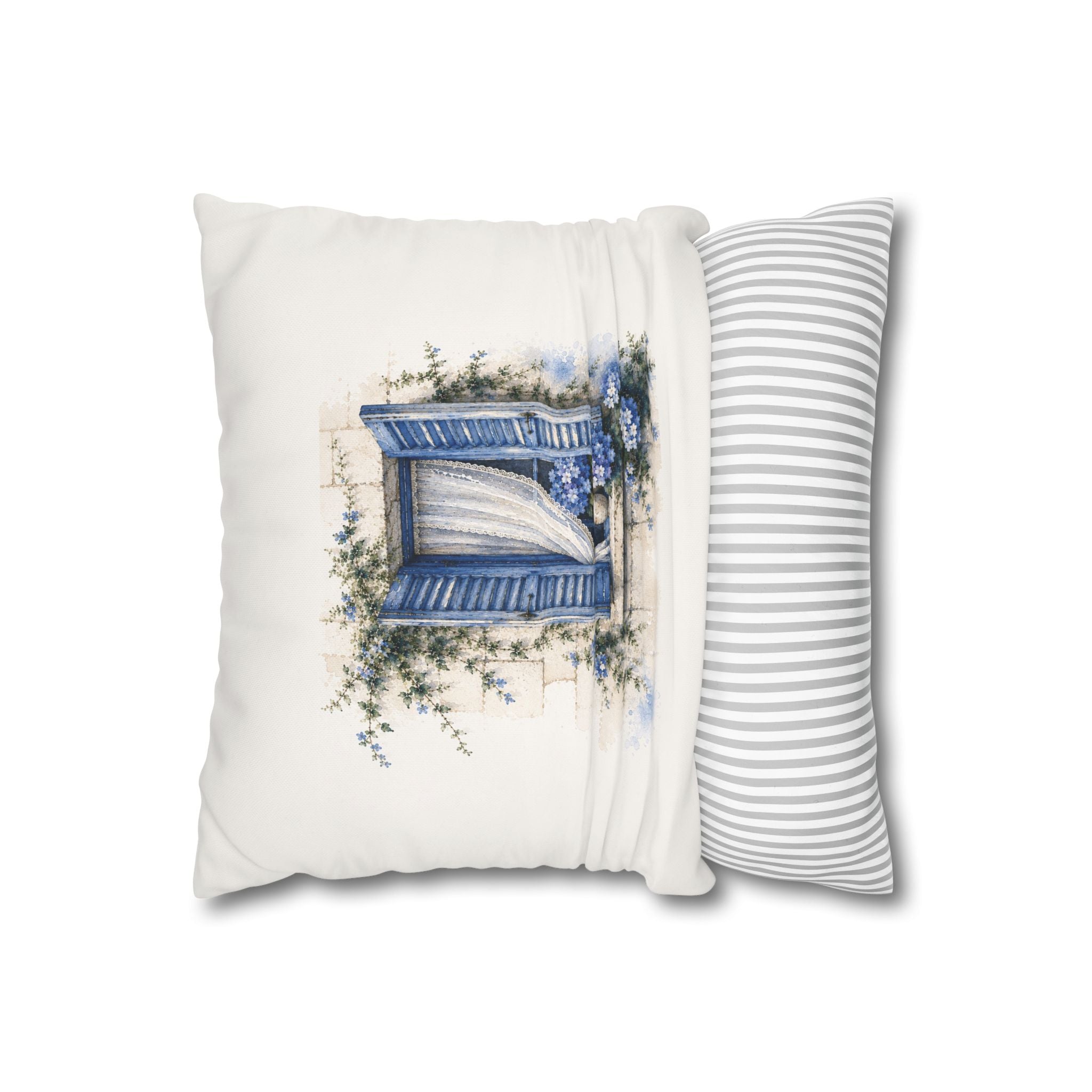 Blue Shutter Window Hydrangea Pillowcase, Coastal Watercolor Cushion Cover, Mediterranean Sofa Decor, Square Pillow, Solen