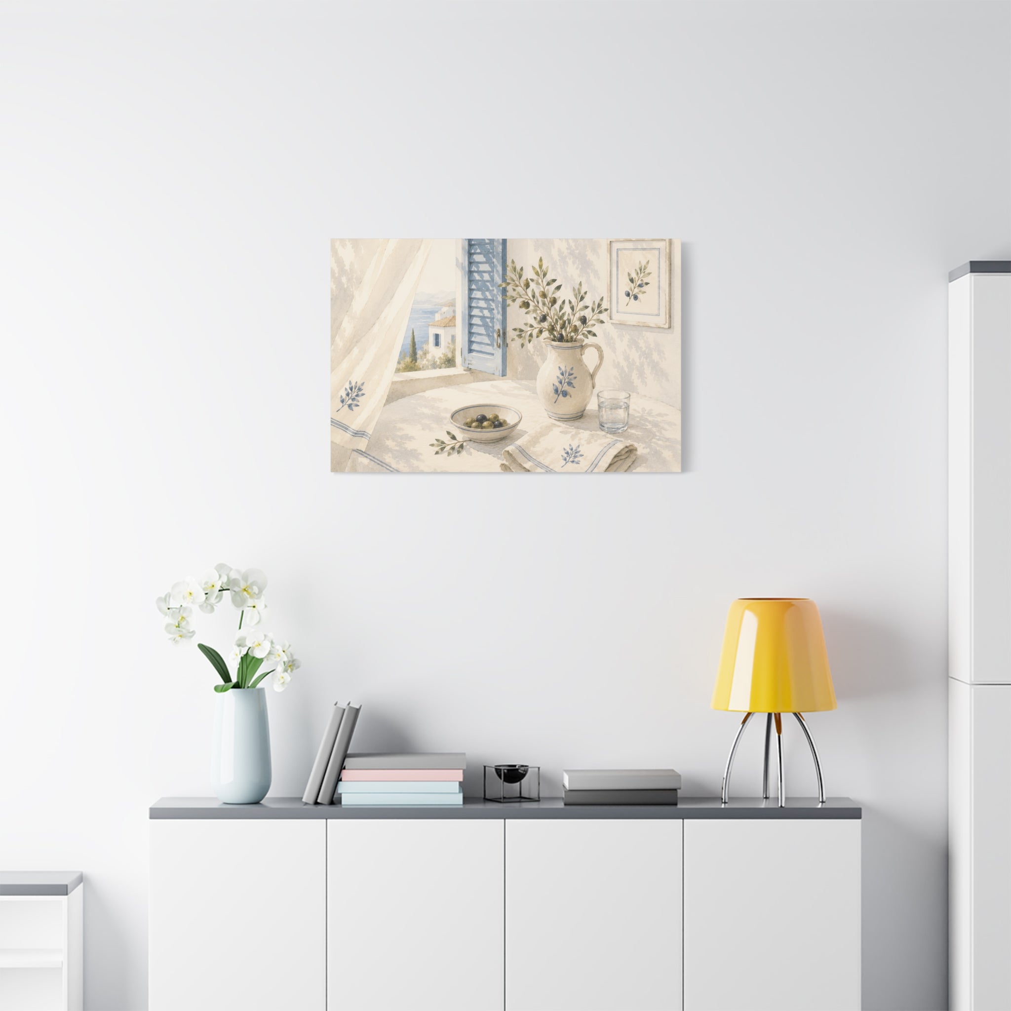 Mediterranean Window Canvas Wall Art, Blue Shutters & Olive Branch Print, Coastal Ceramic Still Life Decor, Window Stories, Solen