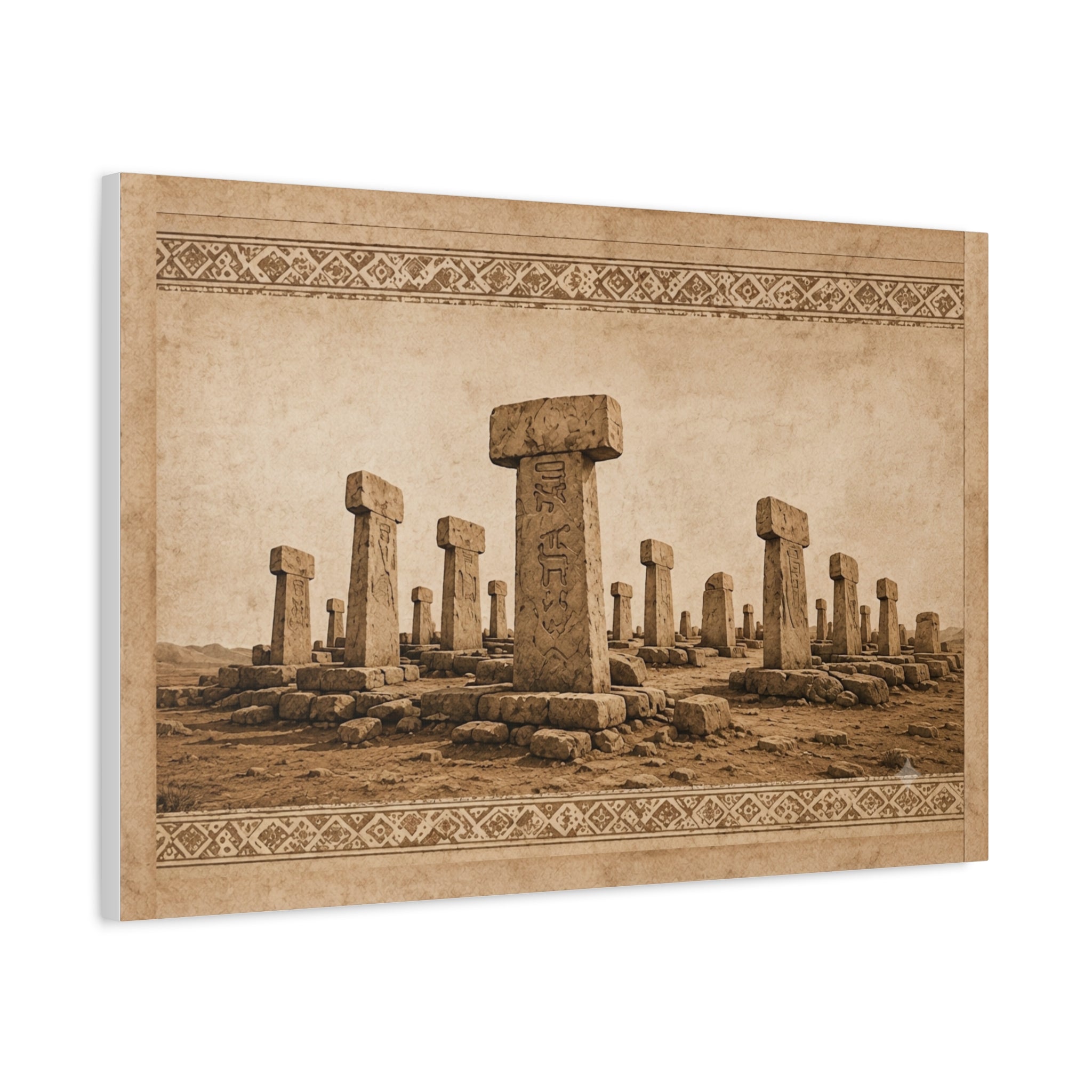 Göbeklitepe Wall Art Canvas, Ancient Stone Pillars Print, Sepia Archaeological Landscape, Anatolian Border Design, Large Wall Decor, Solen