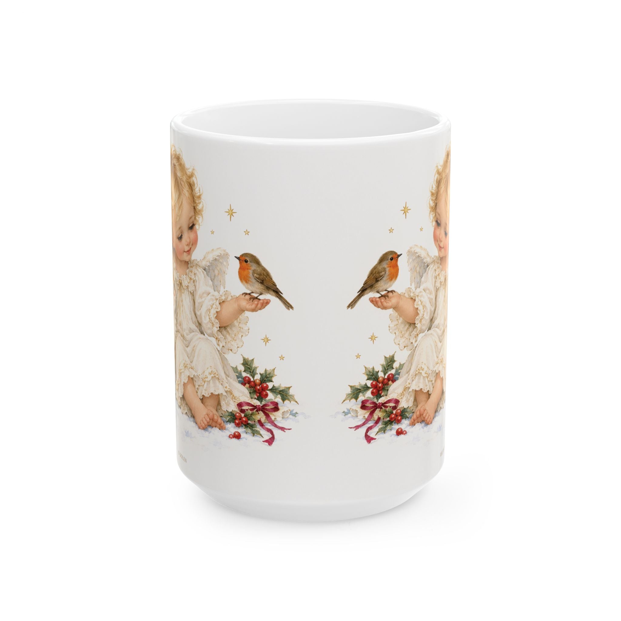 Angel & Robin Ceramic Mug — Vintage Christmas Holiday Coffee Cup (11oz, 15oz)