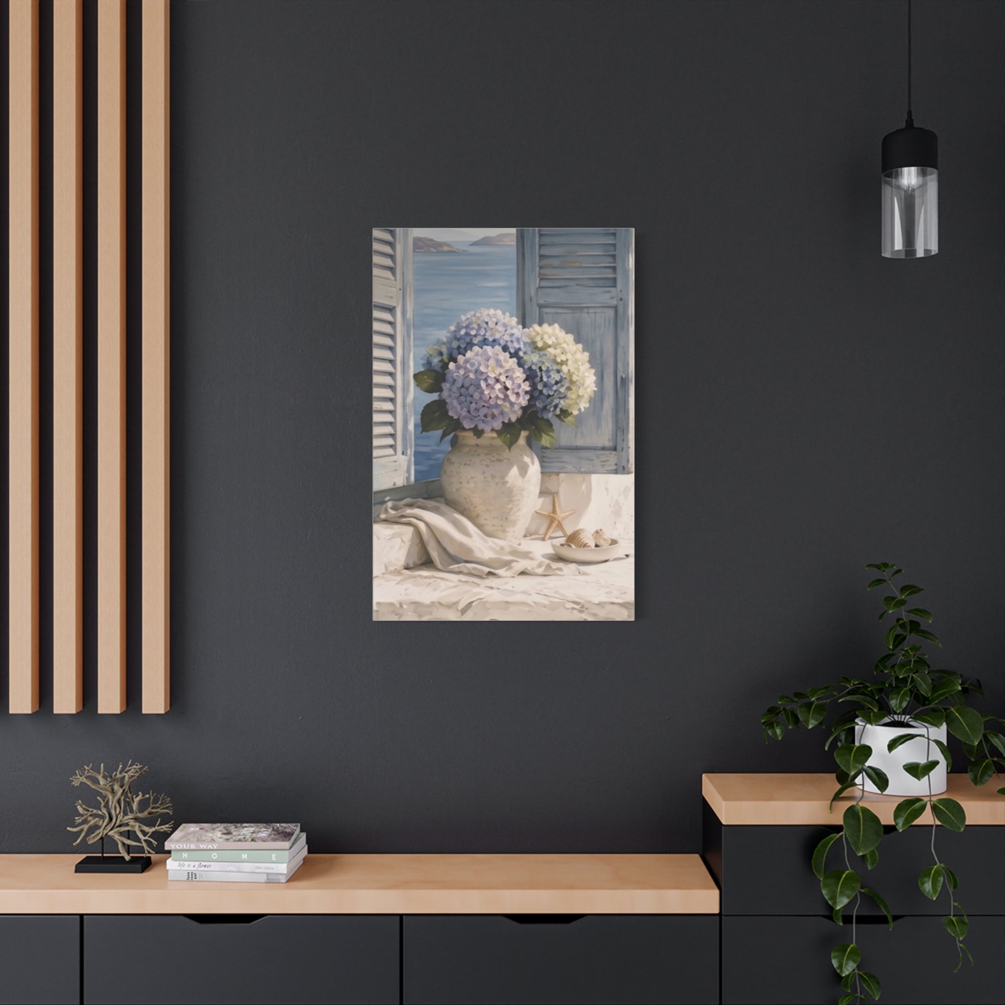 Coastal Hydrangea Canvas Wall Art, Blue Flowers by the Window Print, Mediterranean Seaside Decor, Botanical Living Room Art, Solen