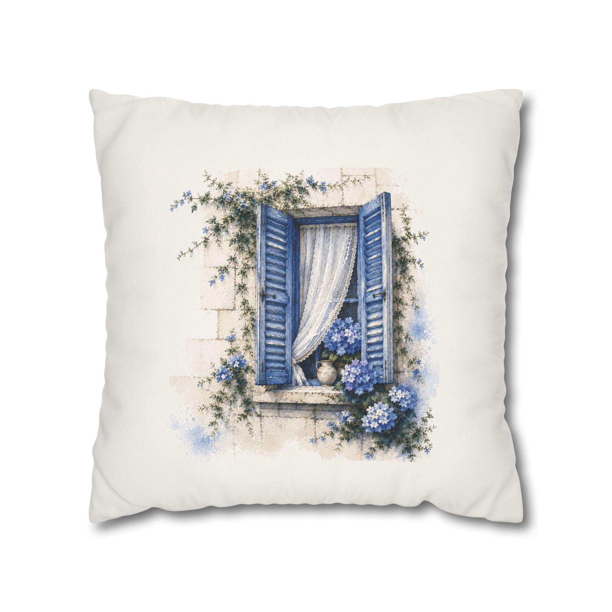 Blue Shutter Window Hydrangea Pillowcase, Coastal Watercolor Cushion Cover, Mediterranean Sofa Decor, Square Pillow, Solen