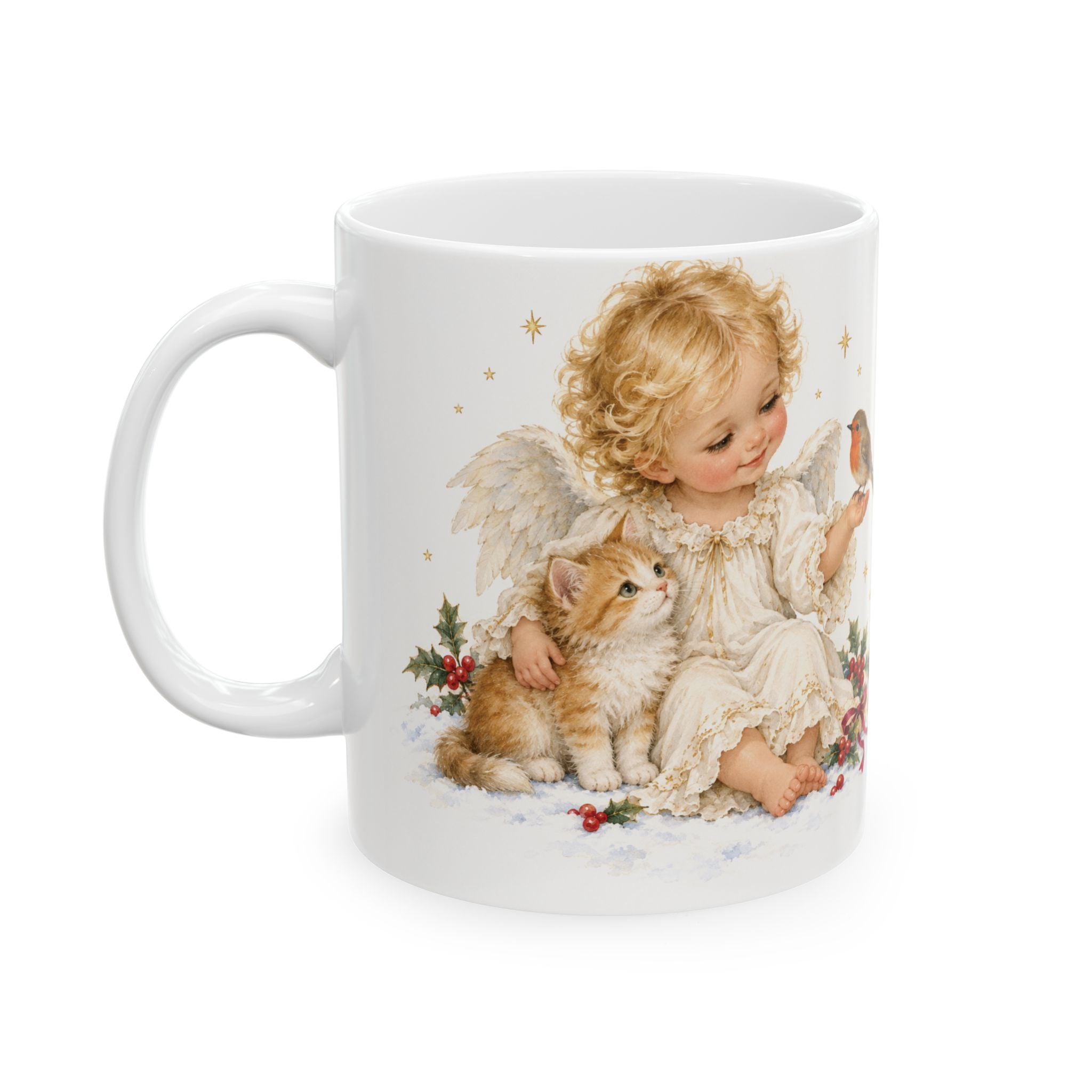 Angel & Robin Ceramic Mug — Vintage Christmas Holiday Coffee Cup (11oz, 15oz)