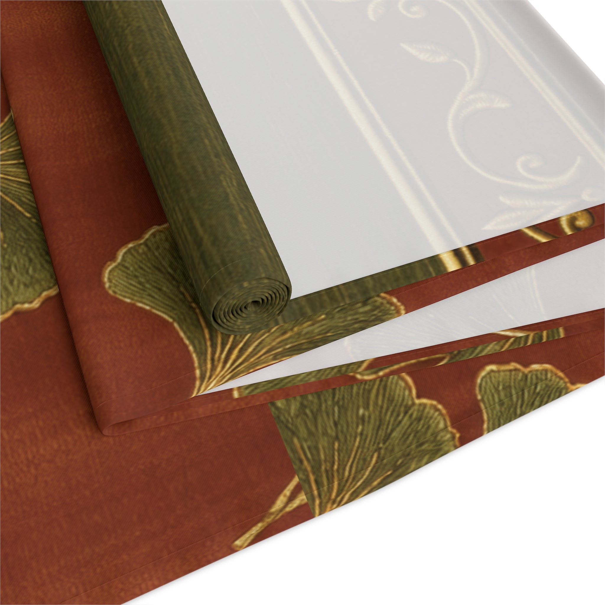 Ginkgo Leaf Table Runner — Earthy Brown & Olive Cotton-Blend Dining Decor