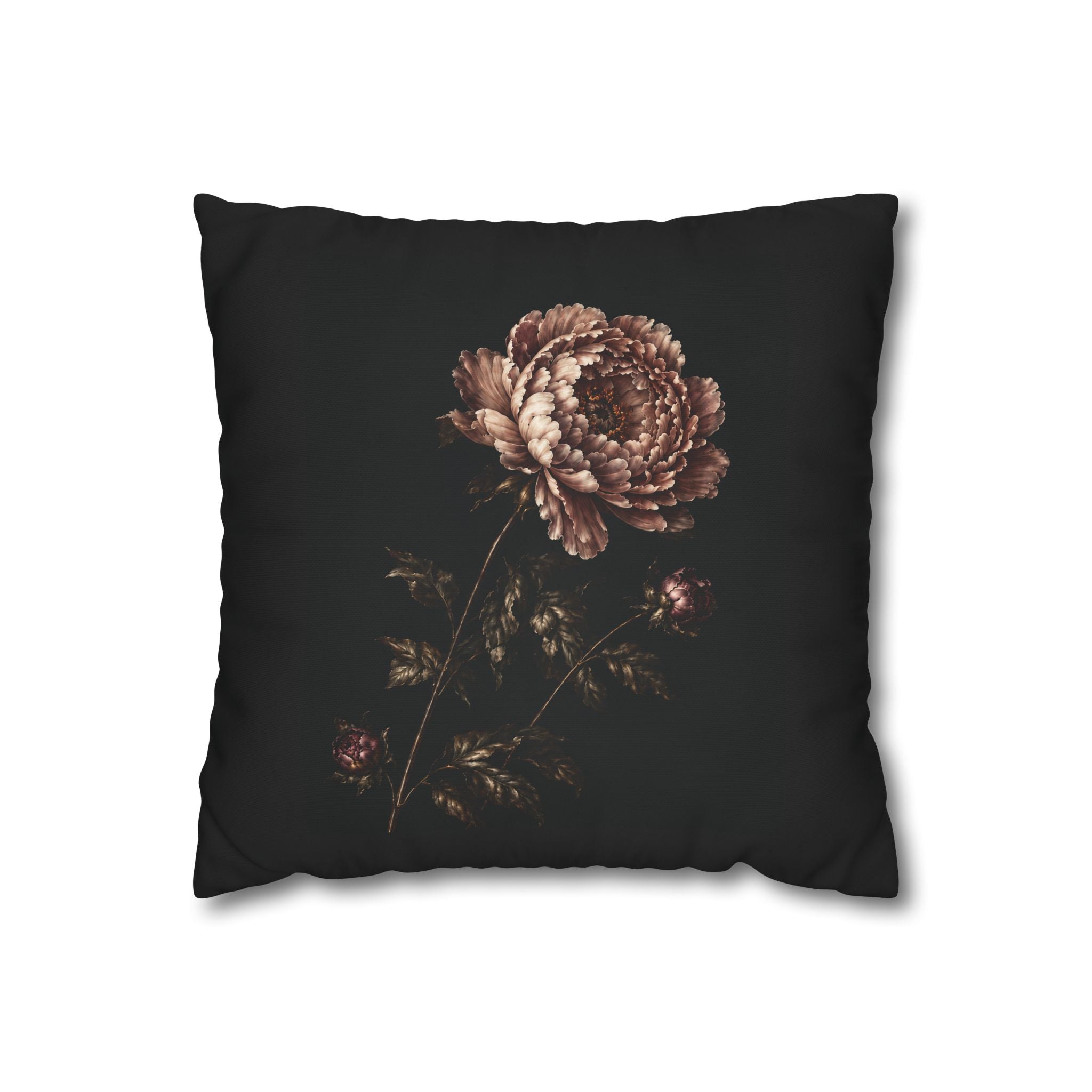 Blush Peony Throw Pillow Cover, Velvet Botanical Print on Black, Romantic Dark Floral Cushion, Moody Decorative Pillow, Solen