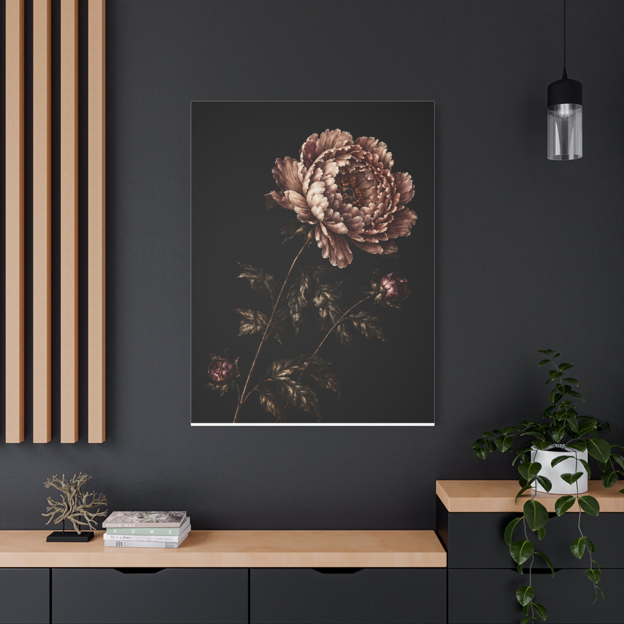 Blush Peony Canvas Wall Art, Velvet Botanical Print on Black, Romantic Floral Painting, Elegant Peony Wall Decor, Solen
