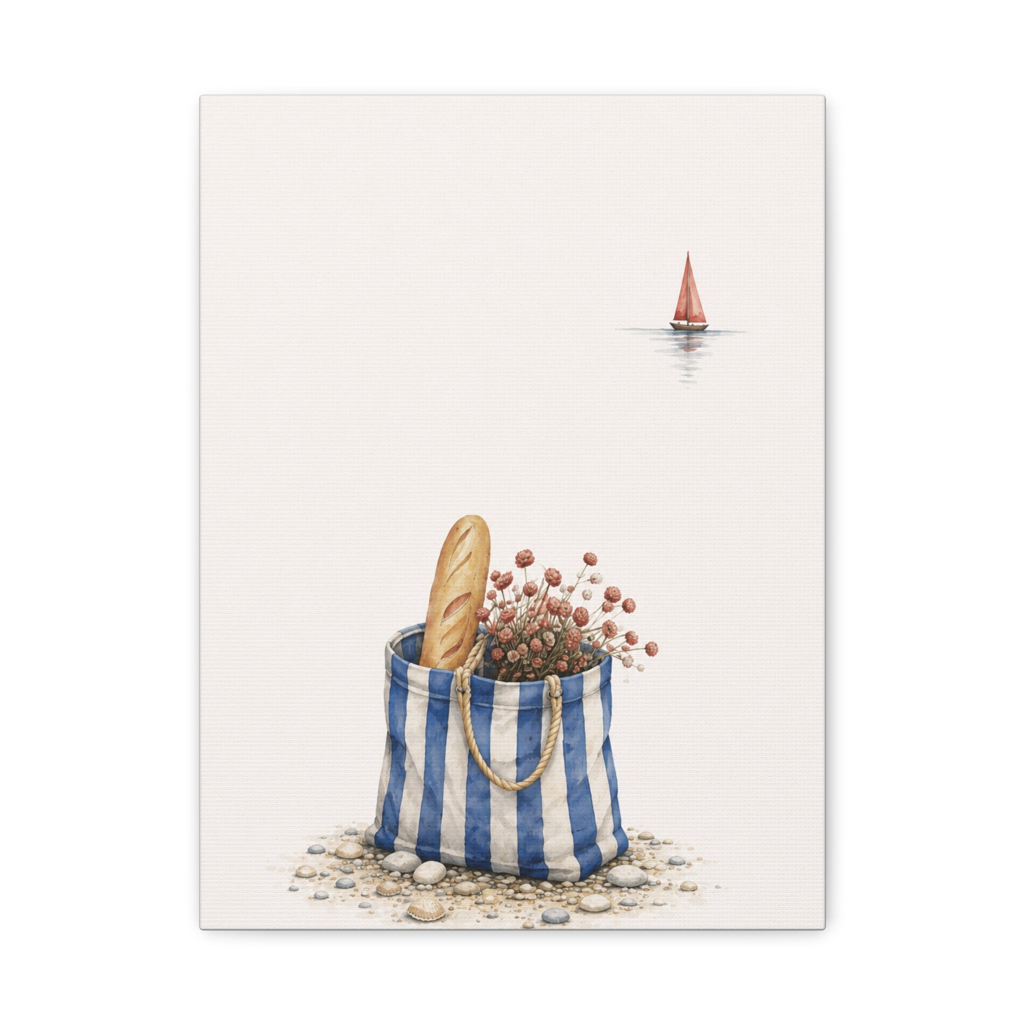 Market Bag by the Sea Canvas Print – Blue & Salt Mediterranean Kitchen Wall Art | Solen