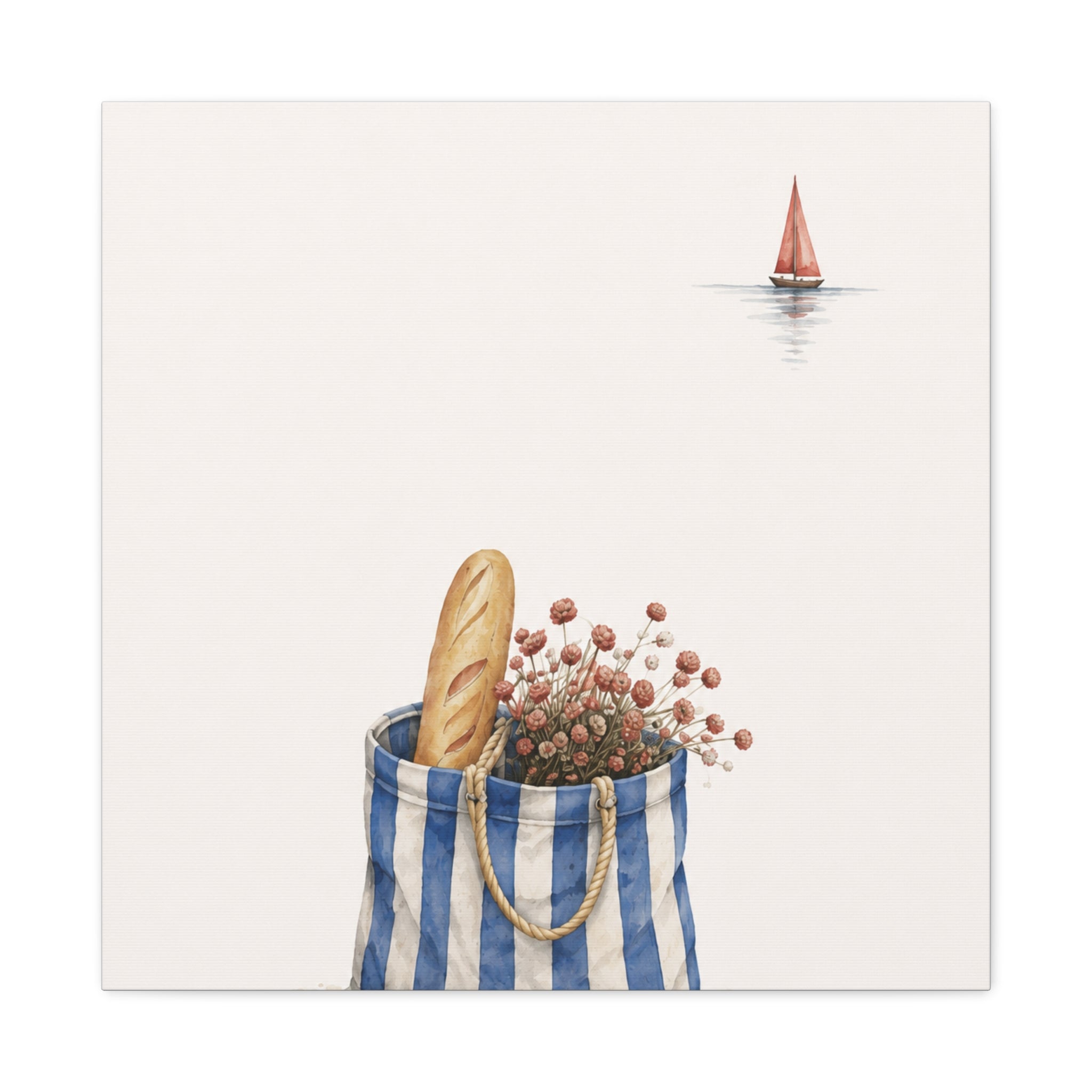 Market Bag by the Sea Canvas Print – Blue & Salt Mediterranean Kitchen Wall Art | Solen