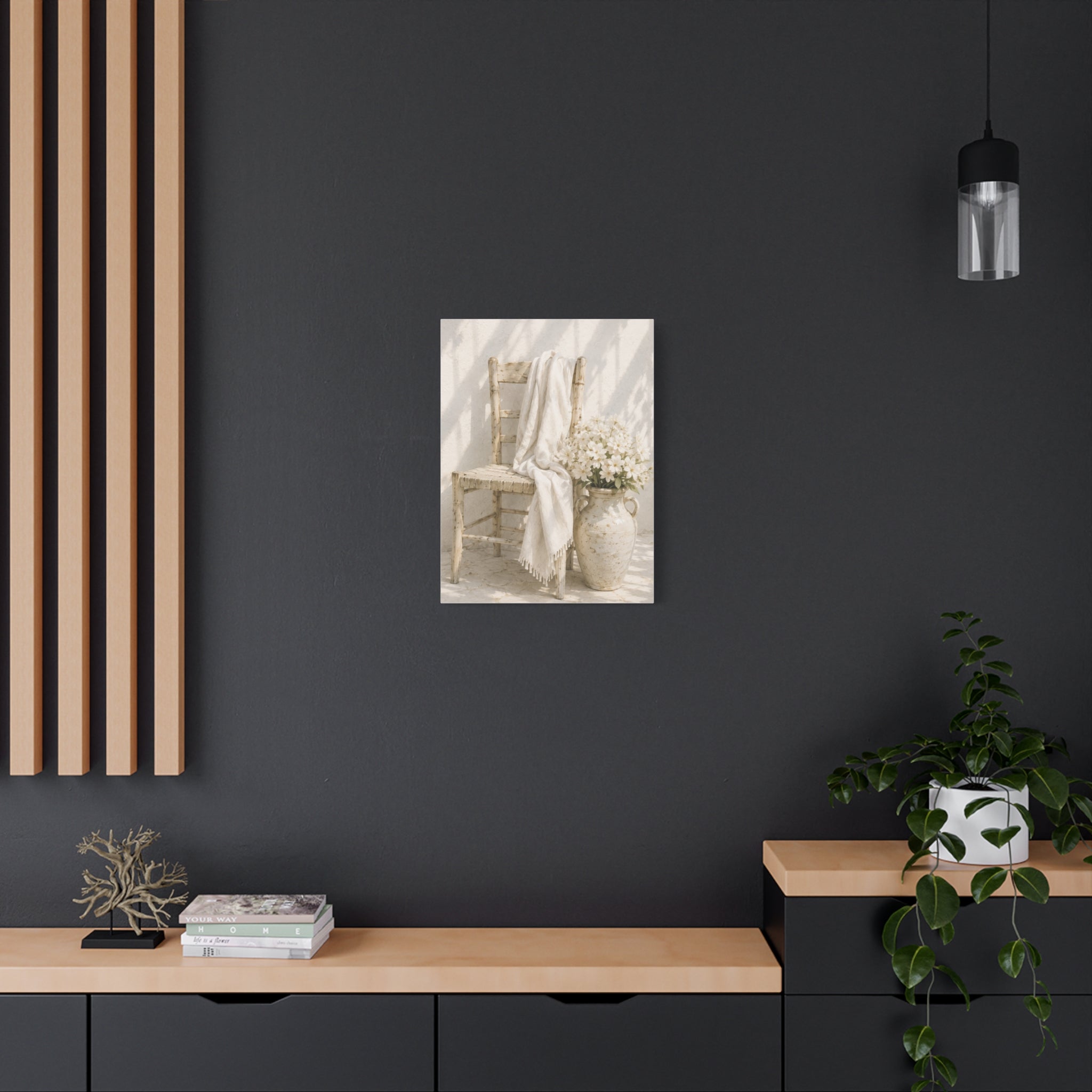 Neutral Cottage Chair Canvas Print, Rustic Chair with Vase Wall Art, Minimalist Mediterranean Decor, Beige Cottage Art, Solen