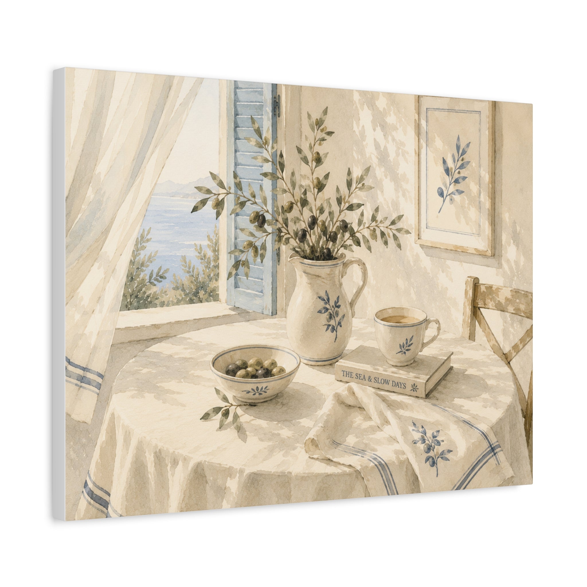 The Sea & Slow Days Canvas Wall Art, Mediterranean Watercolor Print, Calm Coastal Living Room Decor, Quiet Seaside Art, Solen