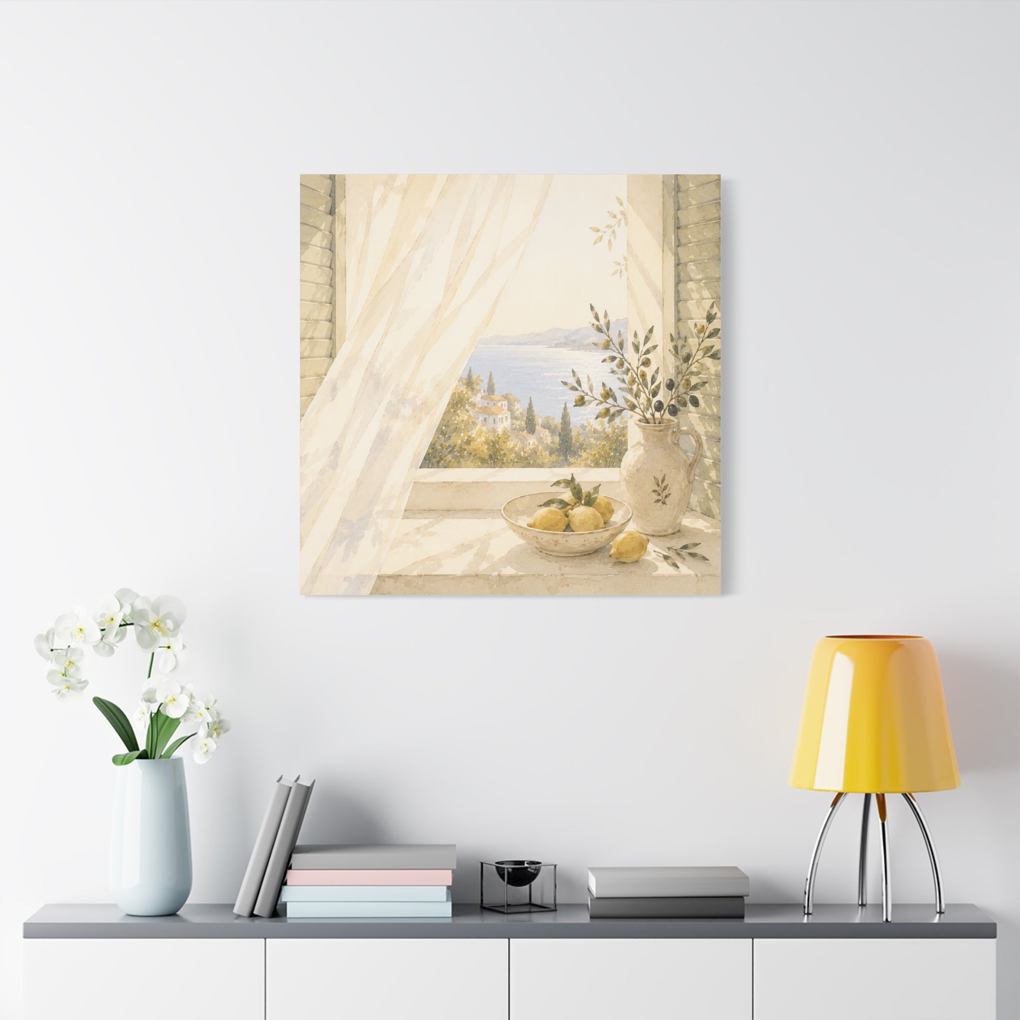 Golden Morning Window Canvas Wall Art, Mediterranean Lemon & Olive Print, Sunlit Linen Curtain Coastal Decor, Window Stories, Solen