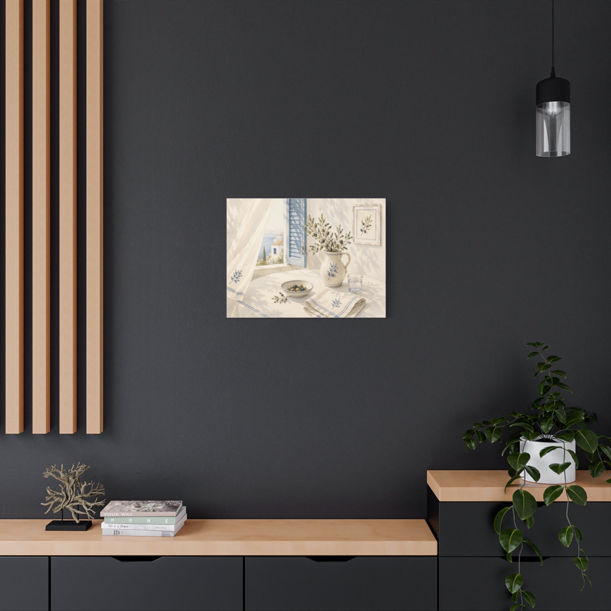 Mediterranean Window Canvas Wall Art, Blue Shutters & Olive Branch Print, Coastal Ceramic Still Life Decor, Window Stories, Solen