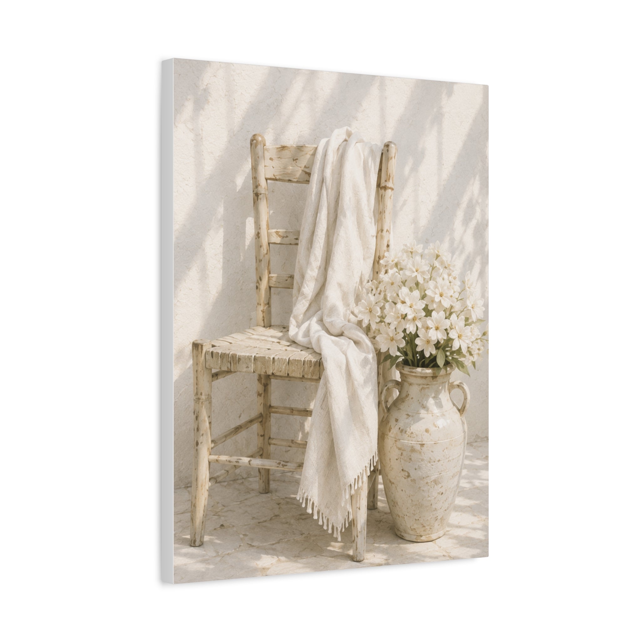 Neutral Cottage Chair Canvas Print, Rustic Chair with Vase Wall Art, Minimalist Mediterranean Decor, Beige Cottage Art, Solen