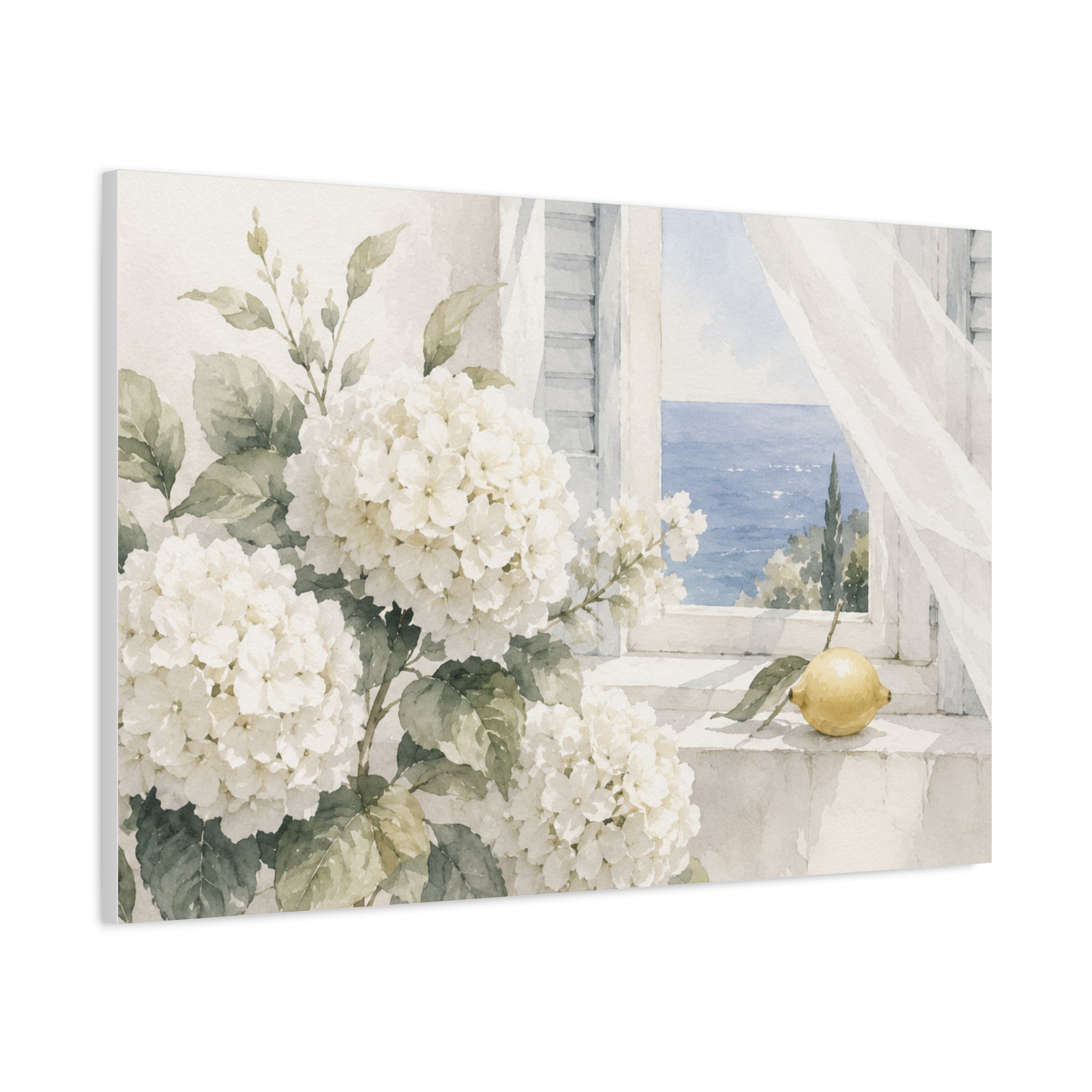 White Summer Window | Hydrangea & Sea Watercolor Wall Art — SOLEN ART