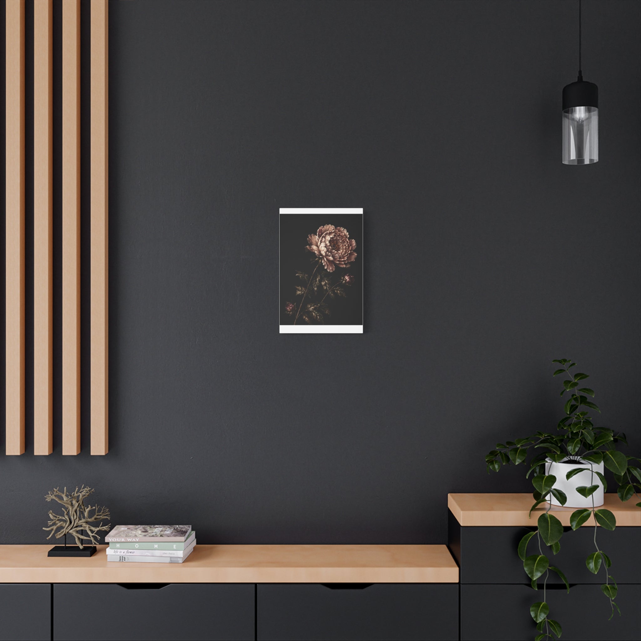 Blush Peony Canvas Wall Art, Velvet Botanical Print on Black, Romantic Floral Painting, Elegant Peony Wall Decor, Solen