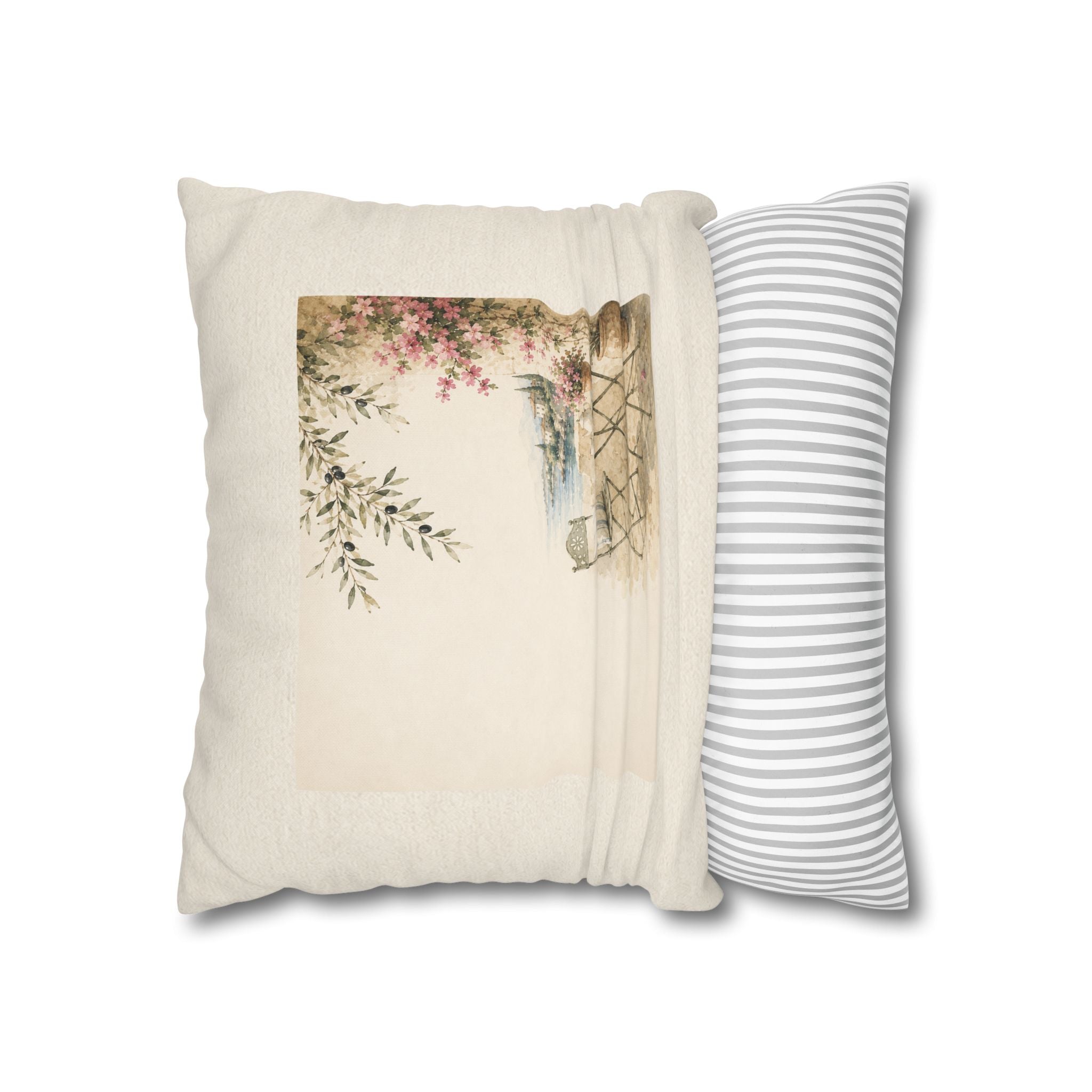 Mediterranean Terrace Illustration Throw Pillow Cover, Coastal Cafe Scene Cushion, Vintage Watercolor Sea View Decor, Square Pillow, Solen