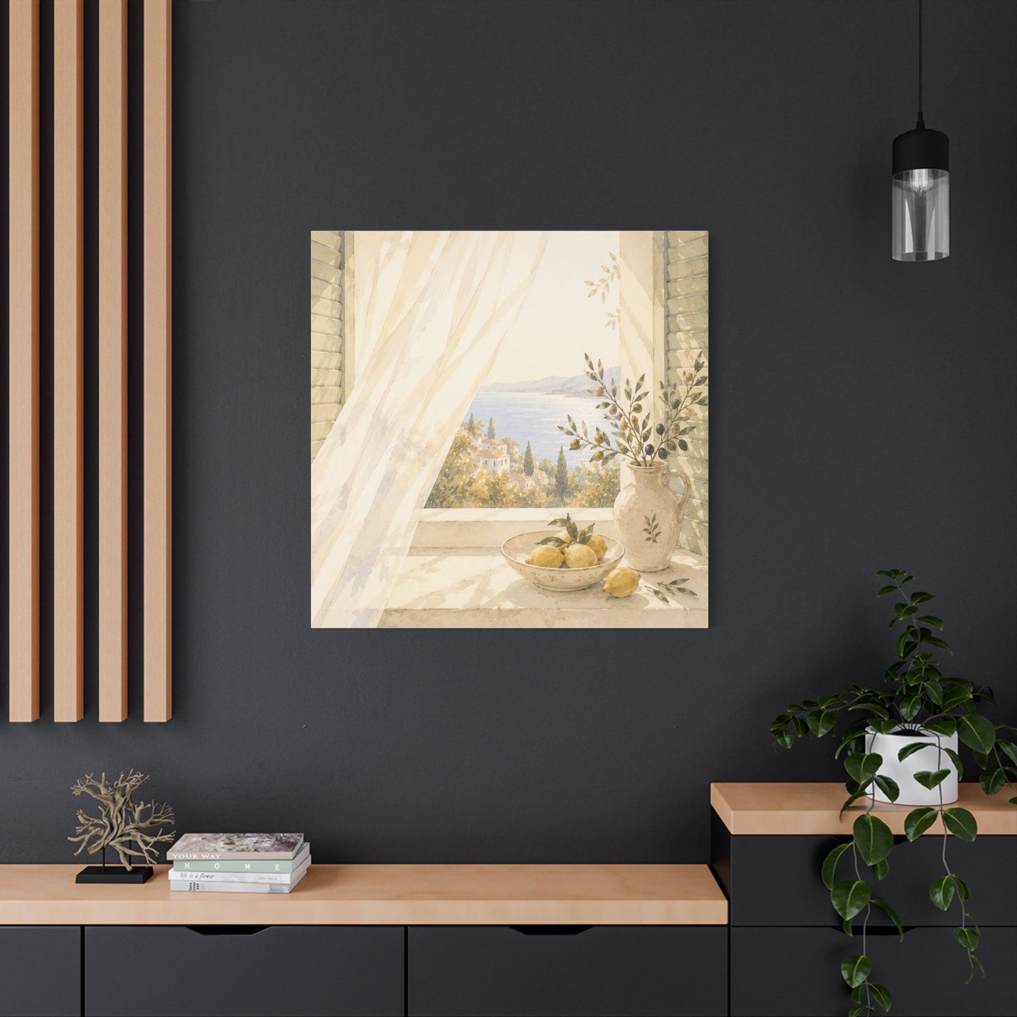 Golden Morning Window Canvas Wall Art, Mediterranean Lemon & Olive Print, Sunlit Linen Curtain Coastal Decor, Window Stories, Solen