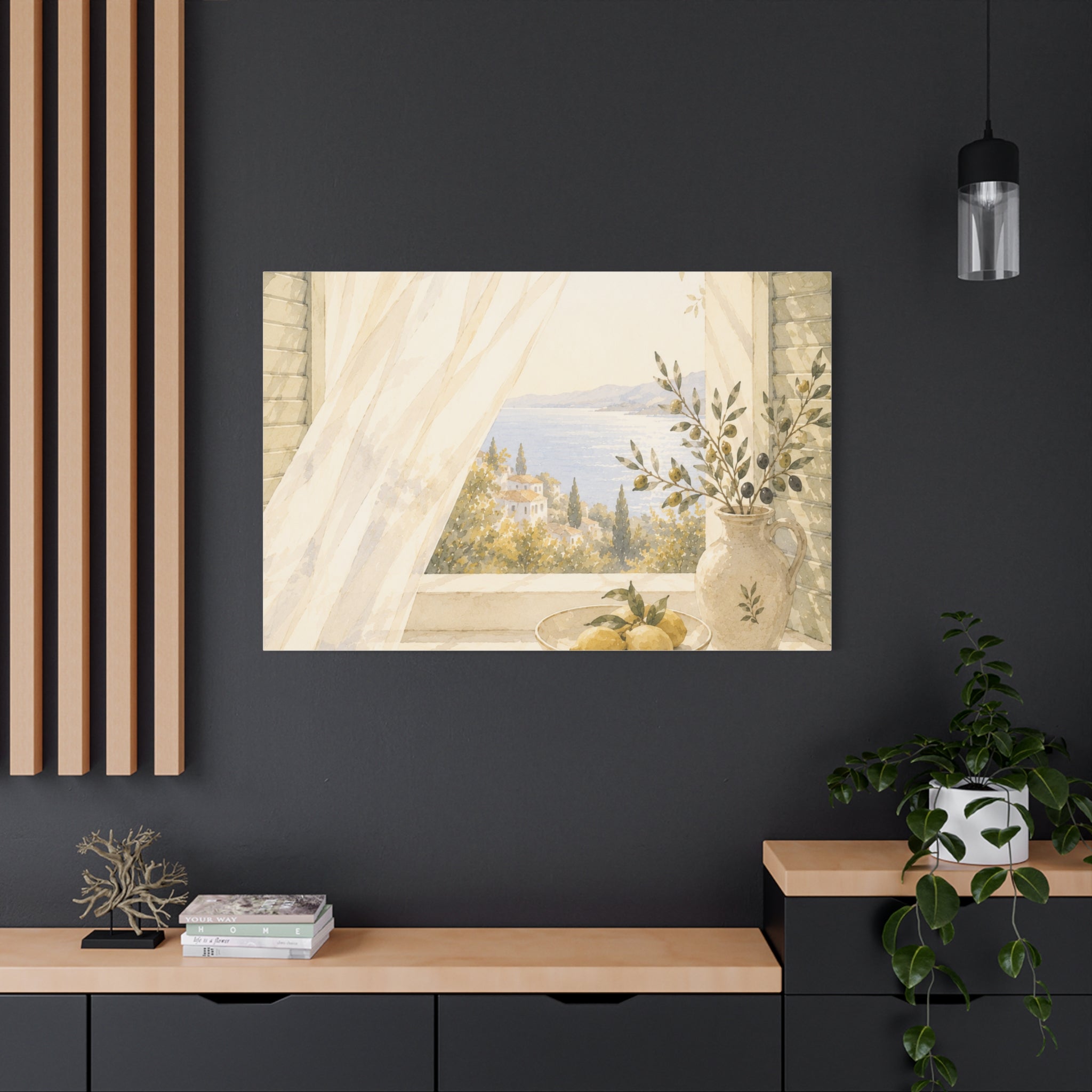 Golden Morning Window Canvas Wall Art, Mediterranean Lemon & Olive Print, Sunlit Linen Curtain Coastal Decor, Window Stories, Solen