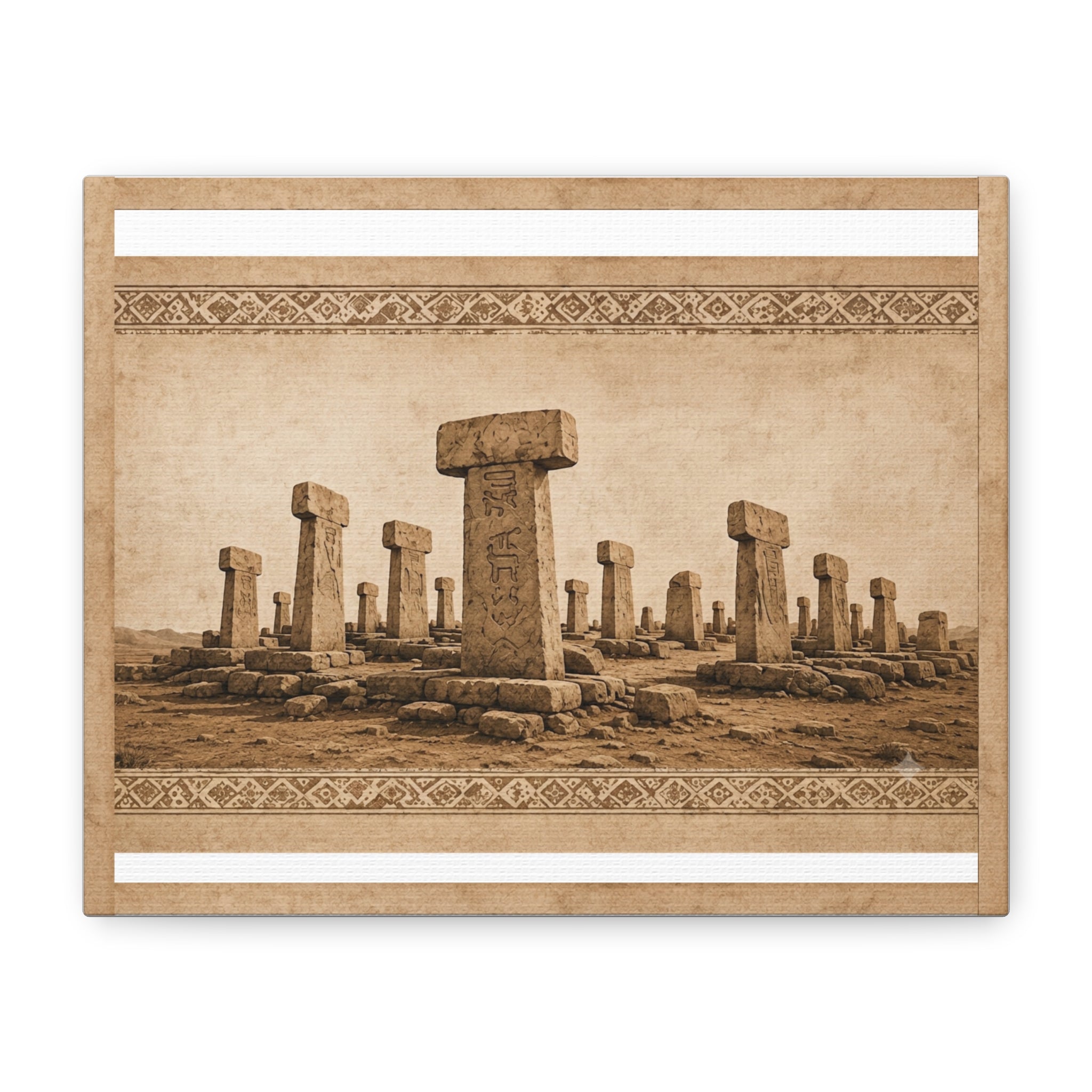 Göbeklitepe Wall Art Canvas, Ancient Stone Pillars Print, Sepia Archaeological Landscape, Anatolian Border Design, Large Wall Decor, Solen