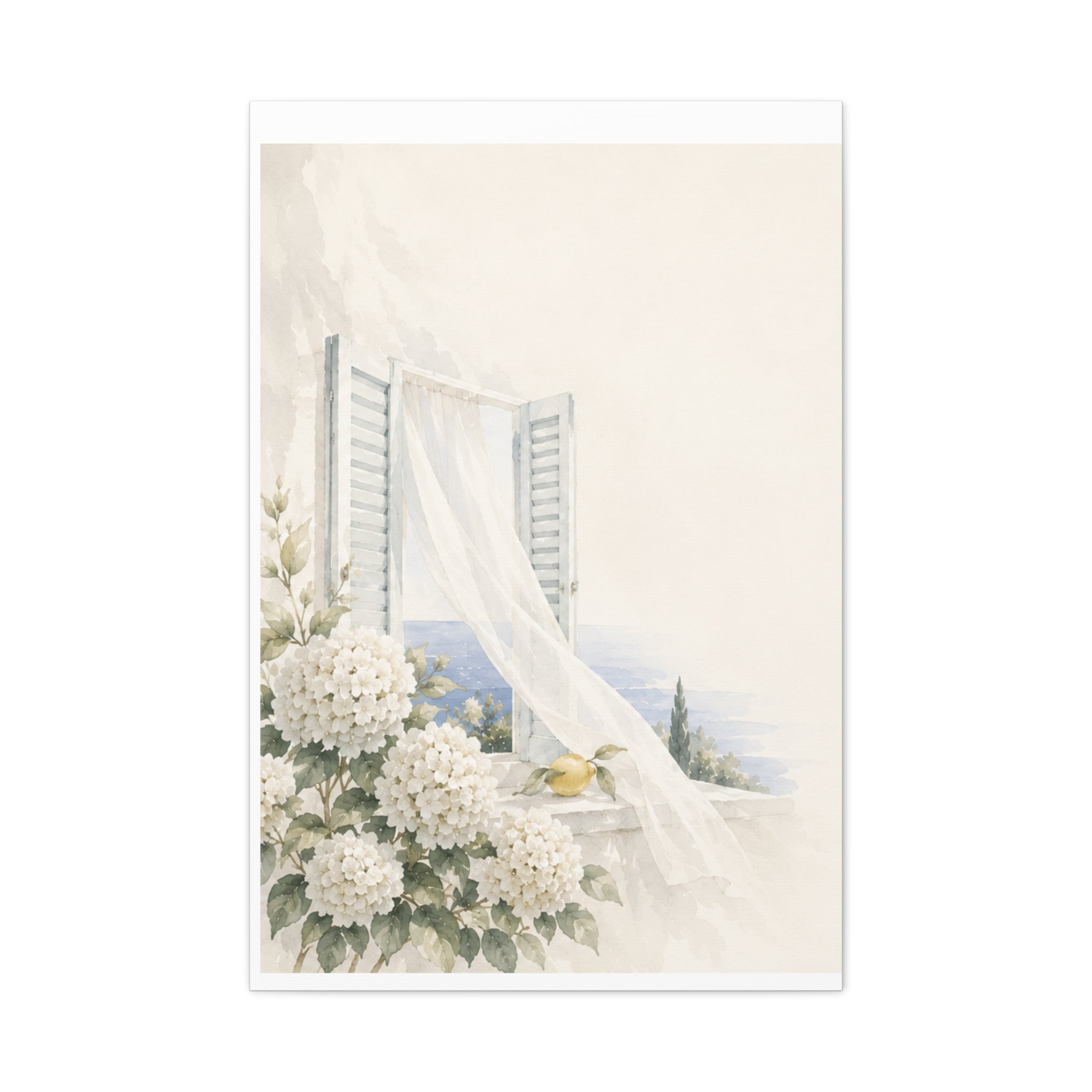 Open Shutters Coastal Window Canvas Wall Art, White Summer Sea View Print, Mediterranean Balcony Decor, Airy Beach Art, Solen