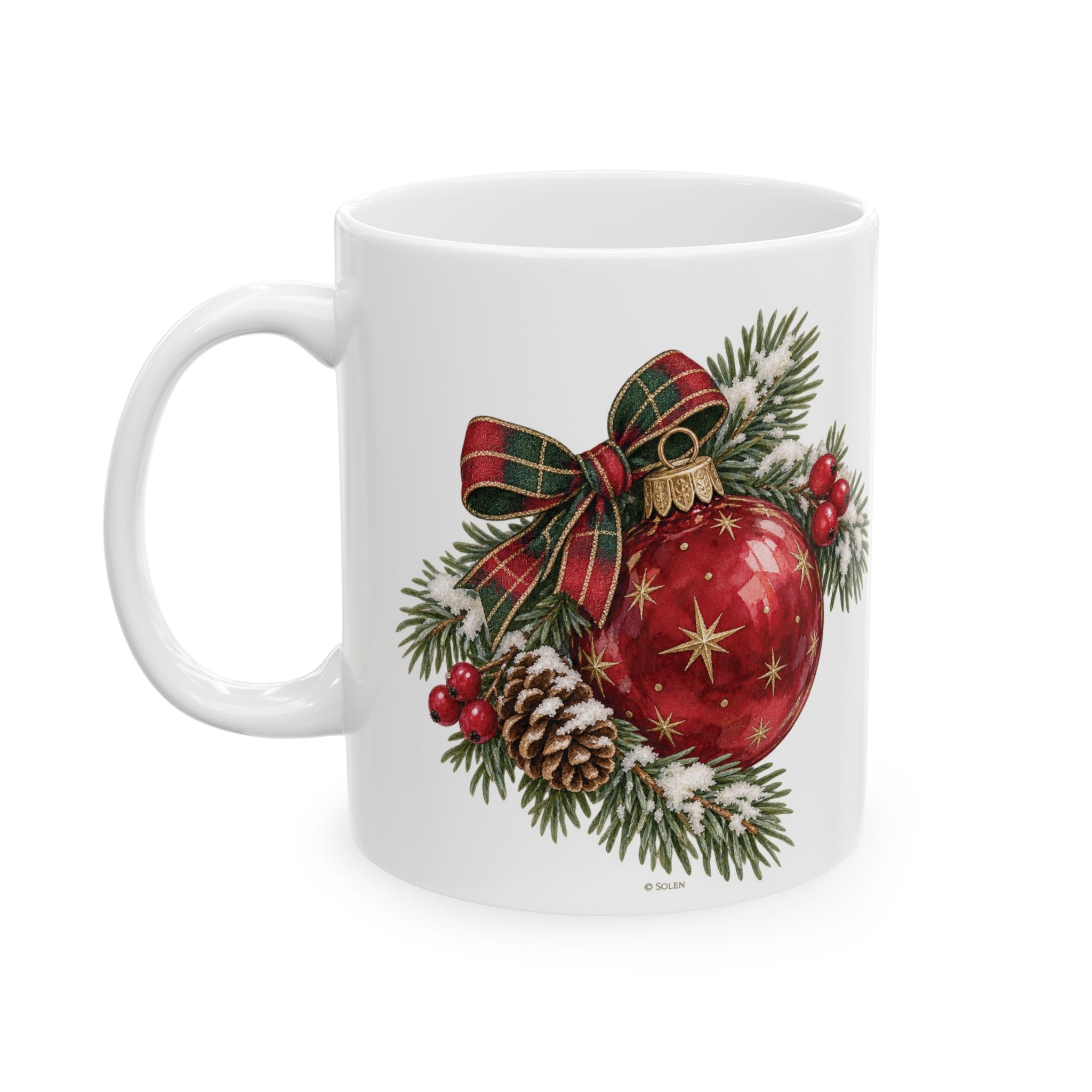 Christmas Ornament Ceramic Mug — Festive Red Bauble & Pine Holiday Coffee Cup (11oz, 15oz)