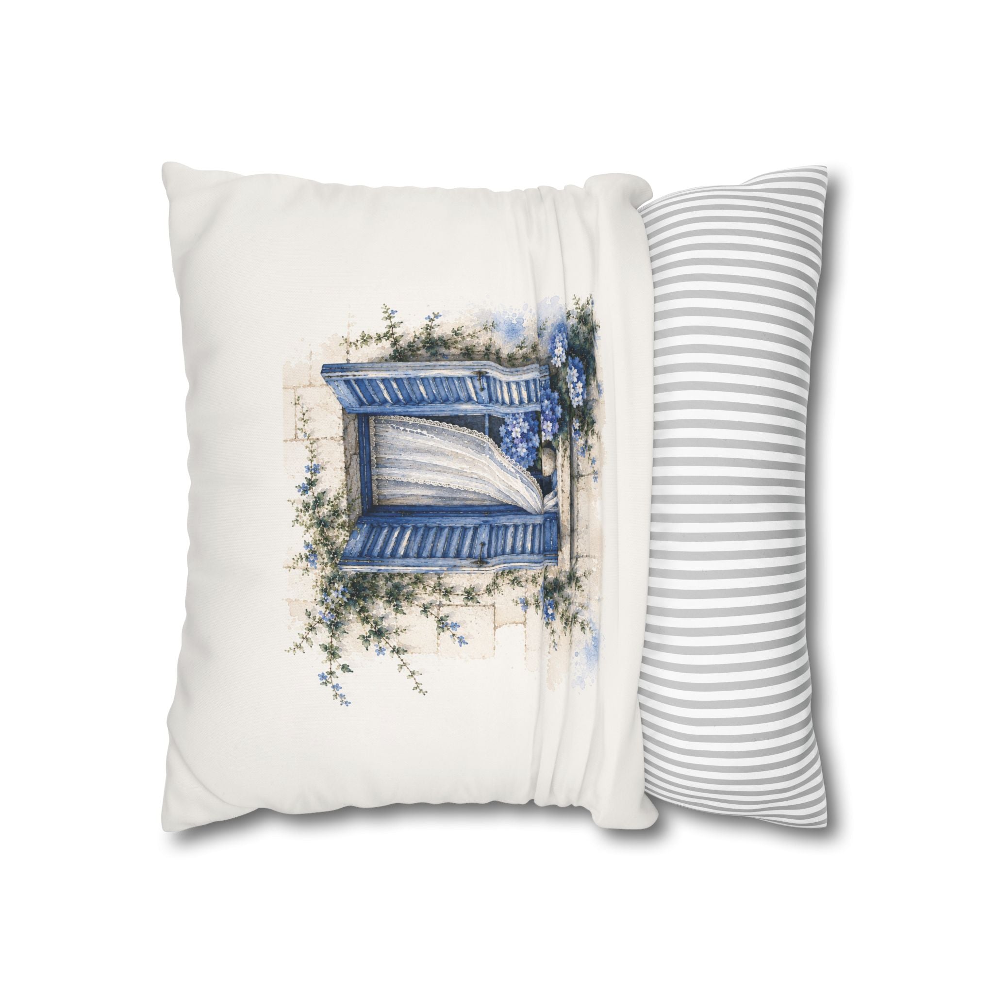 Blue Shutter Window Hydrangea Pillowcase, Coastal Watercolor Cushion Cover, Mediterranean Sofa Decor, Square Pillow, Solen