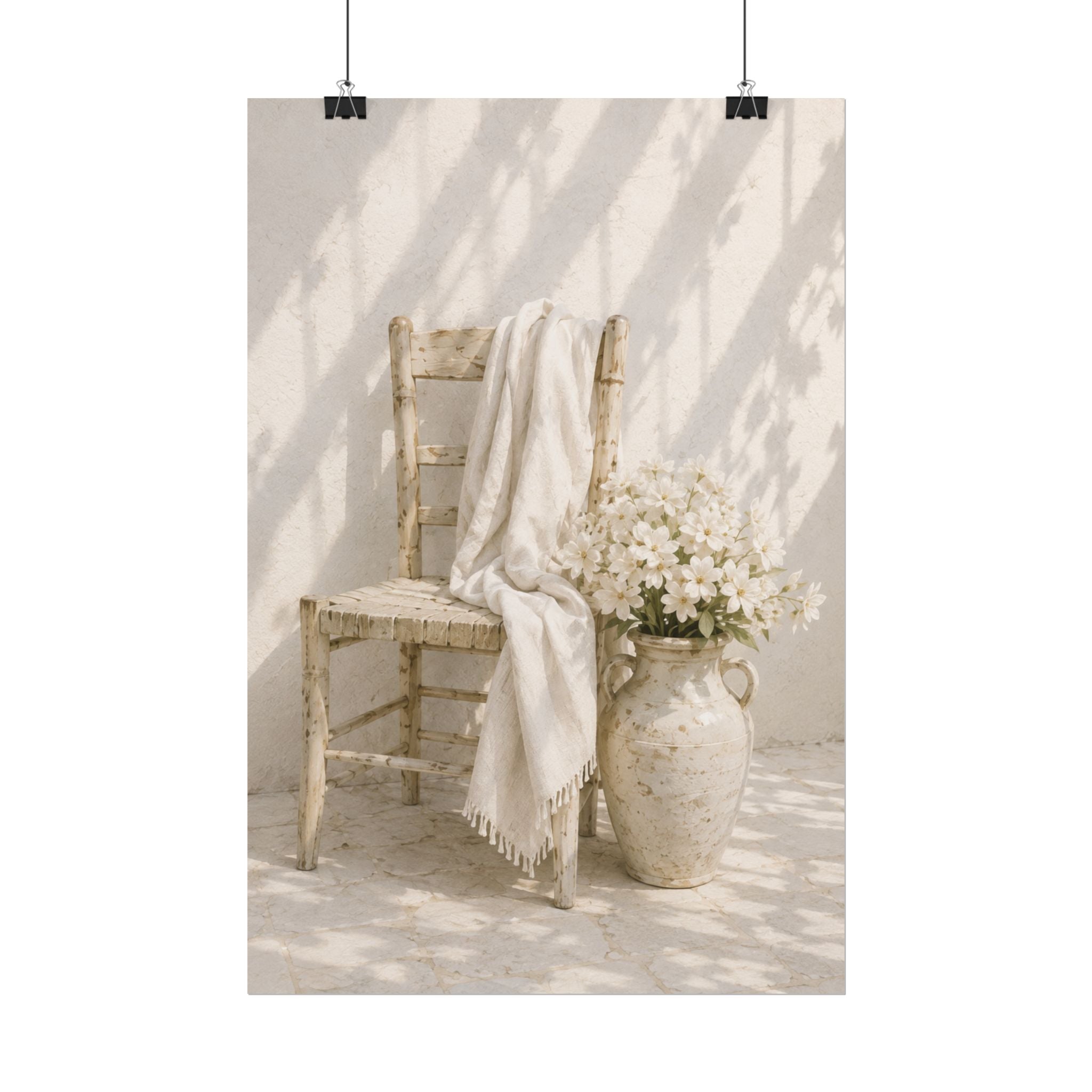 Mediterranean Poster, Neutral Coastal Wall Art, Rustic Chair & White Flowers Print, Minimalist Mediterranean Home Decor, Solen