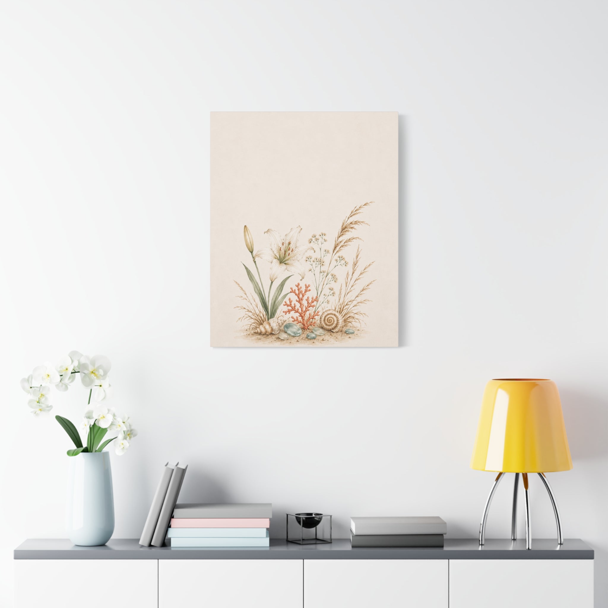 Coastal Meadow Canvas Wall Art, Botanical Seashell Print, Beach Cottage Decor, Neutral Coastal Living Room Art, Solen
