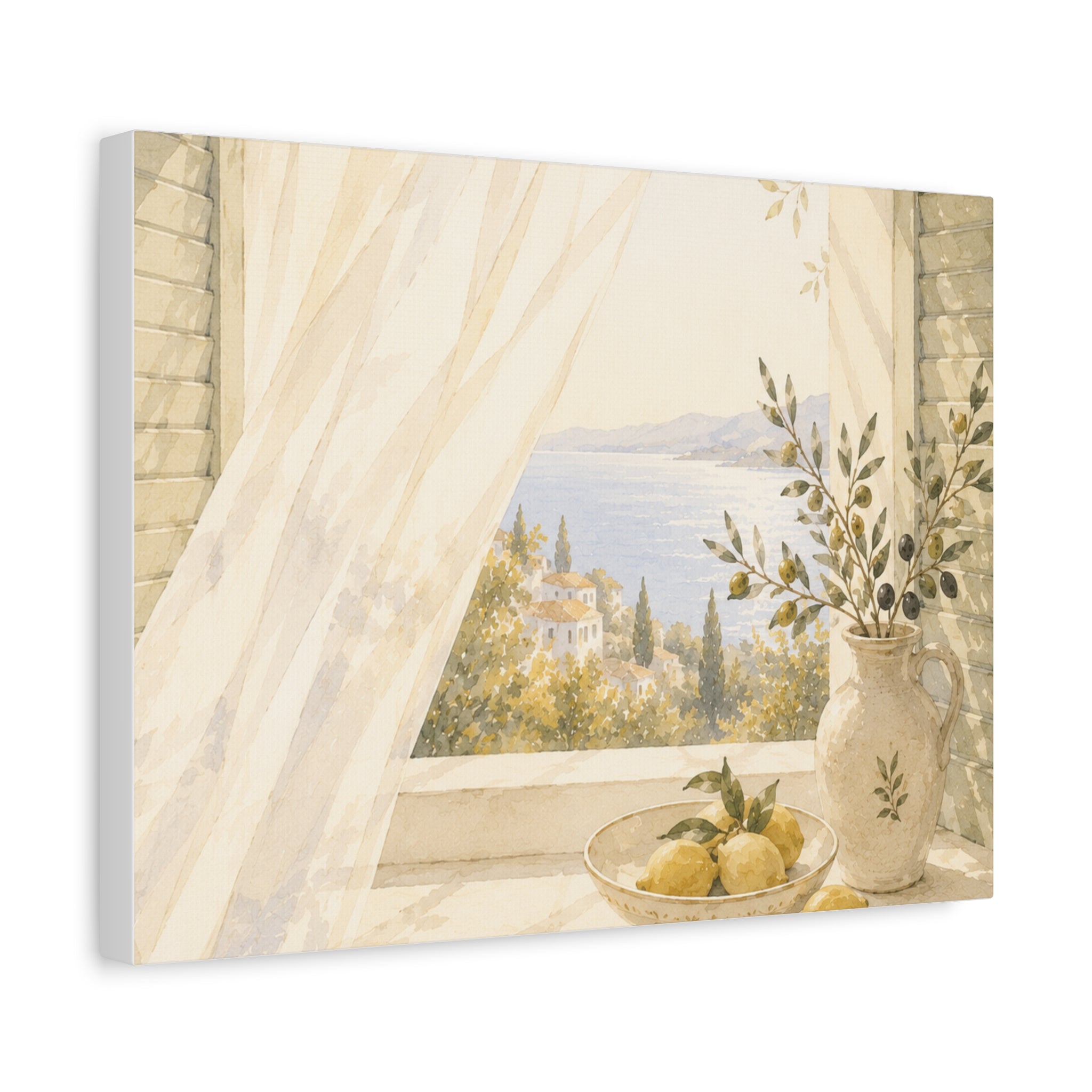 Golden Morning Window Canvas Wall Art, Mediterranean Lemon & Olive Print, Sunlit Linen Curtain Coastal Decor, Window Stories, Solen