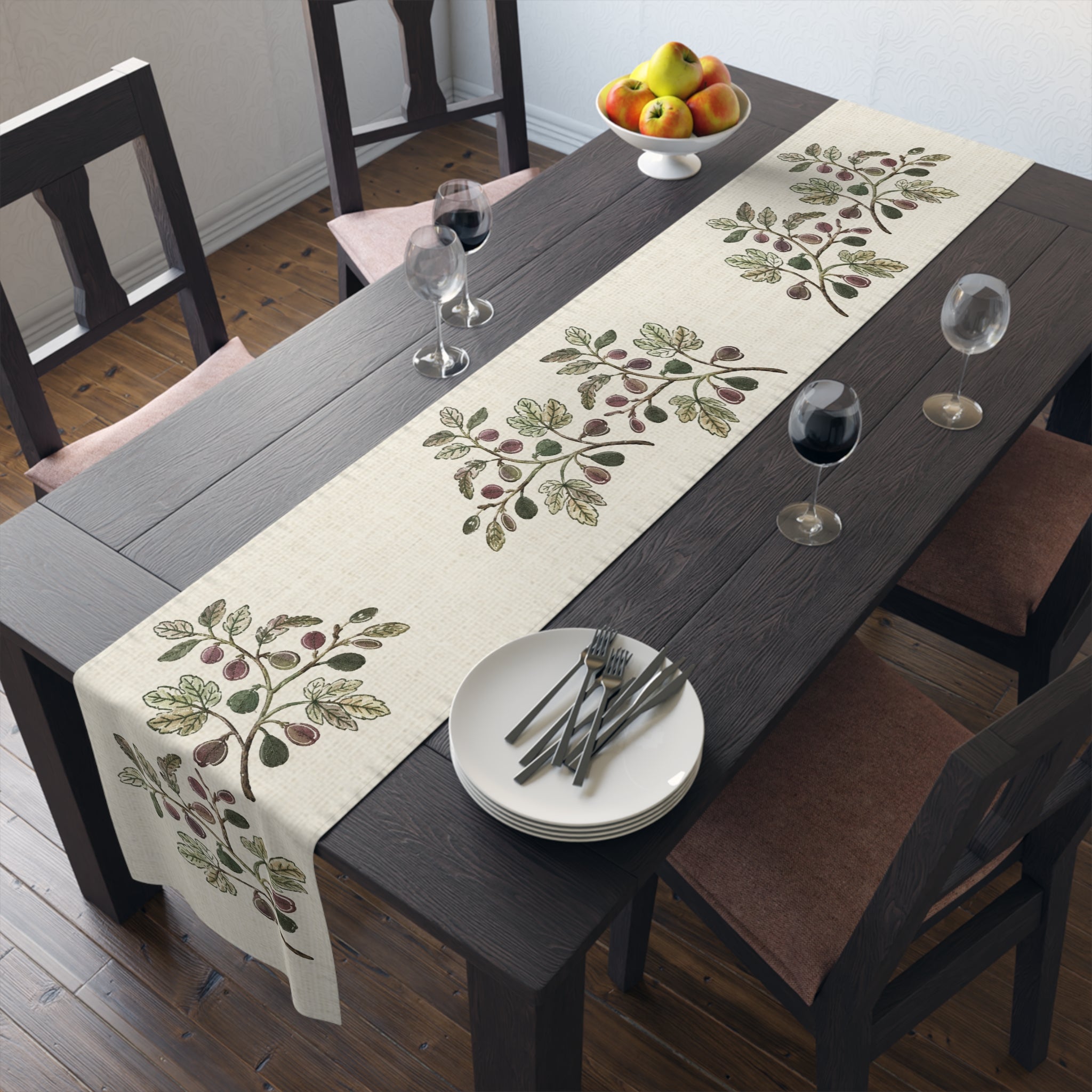 Fig Branch Botanical Table Runner, Cotton Mediterranean Runner, Neutral Fig Tree Kitchen Decor, Rustic Dining Linen, Solen