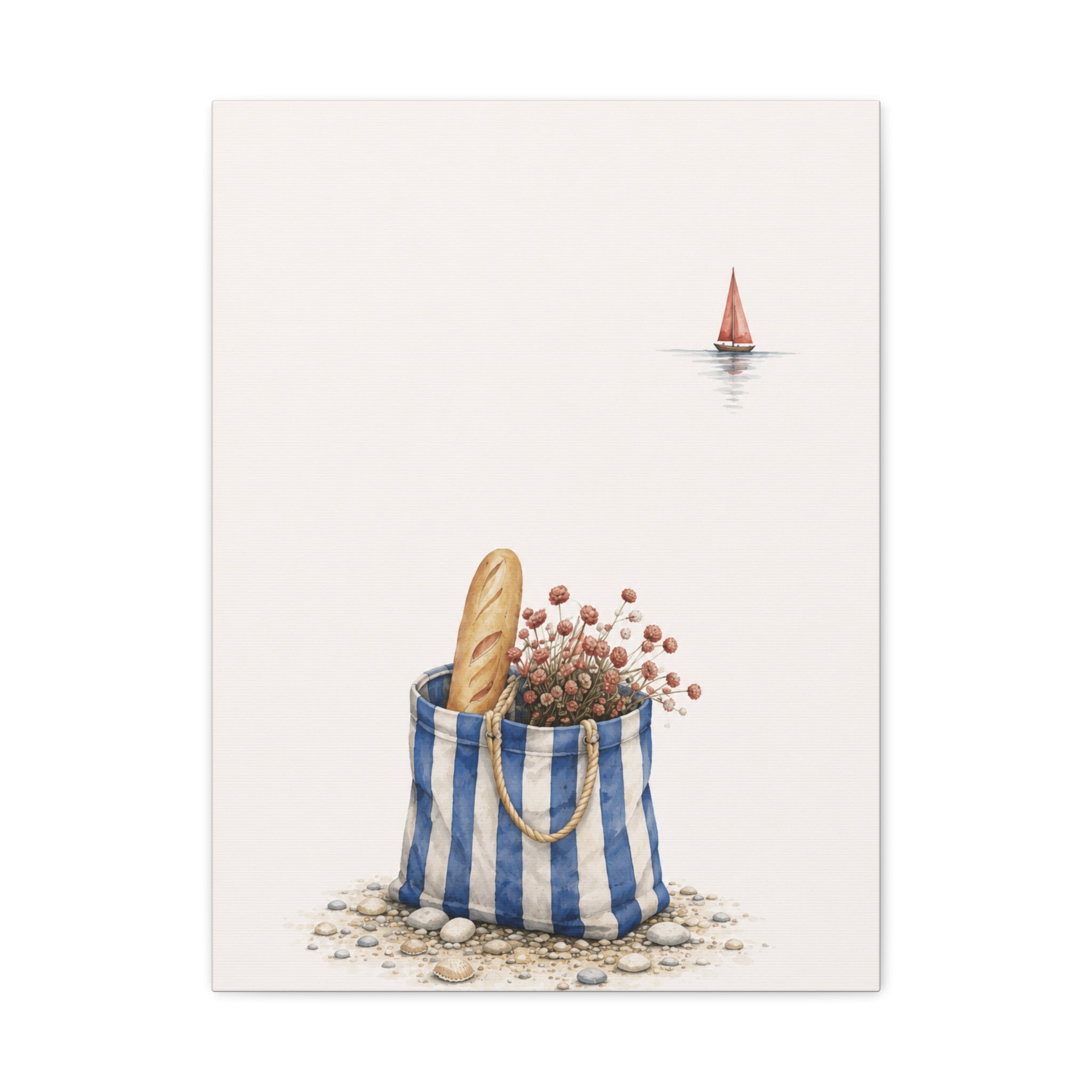 Market Bag by the Sea Canvas Print – Blue & Salt Mediterranean Kitchen Wall Art | Solen