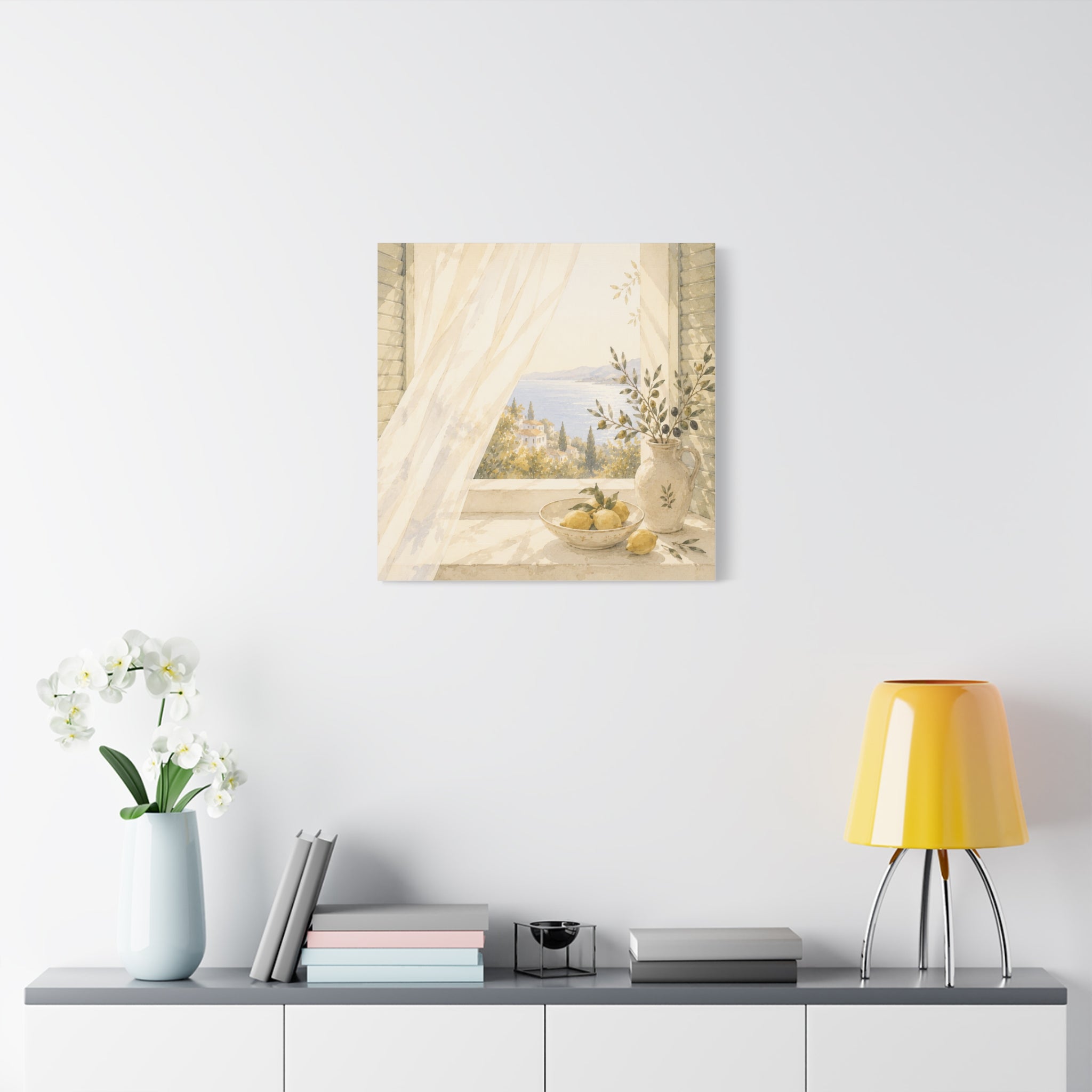Golden Morning Window Canvas Wall Art, Mediterranean Lemon & Olive Print, Sunlit Linen Curtain Coastal Decor, Window Stories, Solen