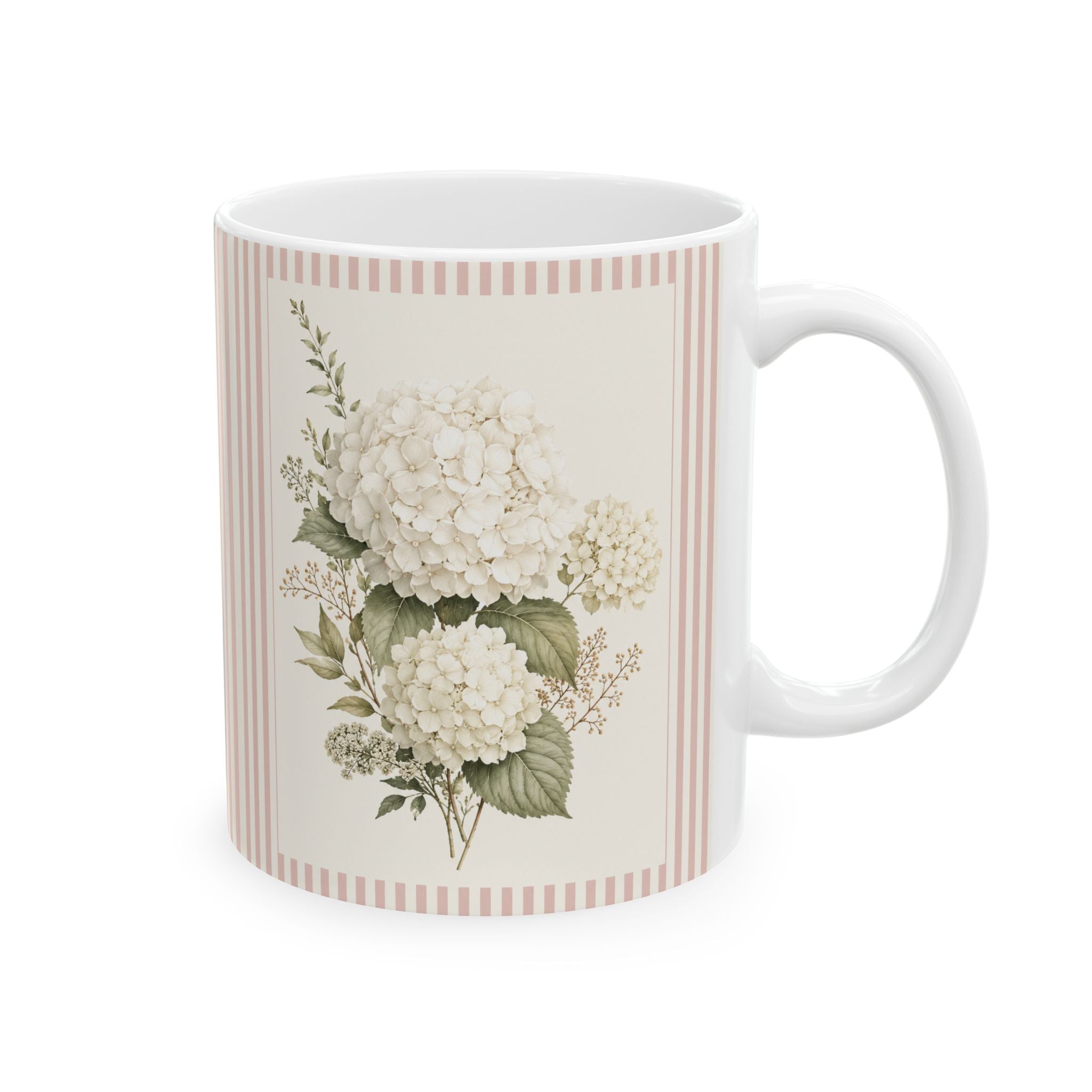 Vintage Floral Striped Ceramic Mug — Pink Rose Bouquet Coffee Cup