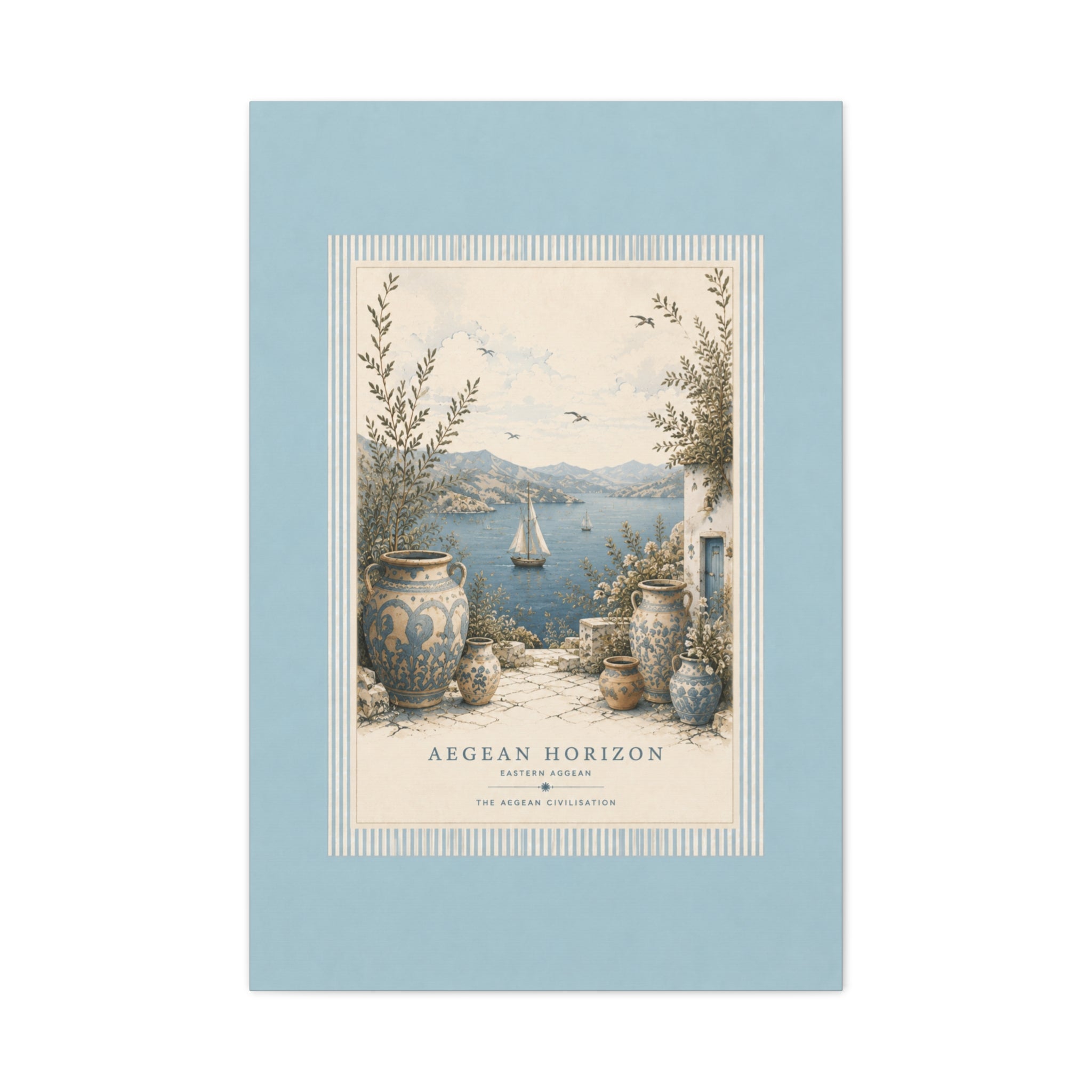 Eastern Aegean Coastal Illustration - Blue Ceramic Vase Art Decor - Mediterranean Coastal Wall Art - Solen