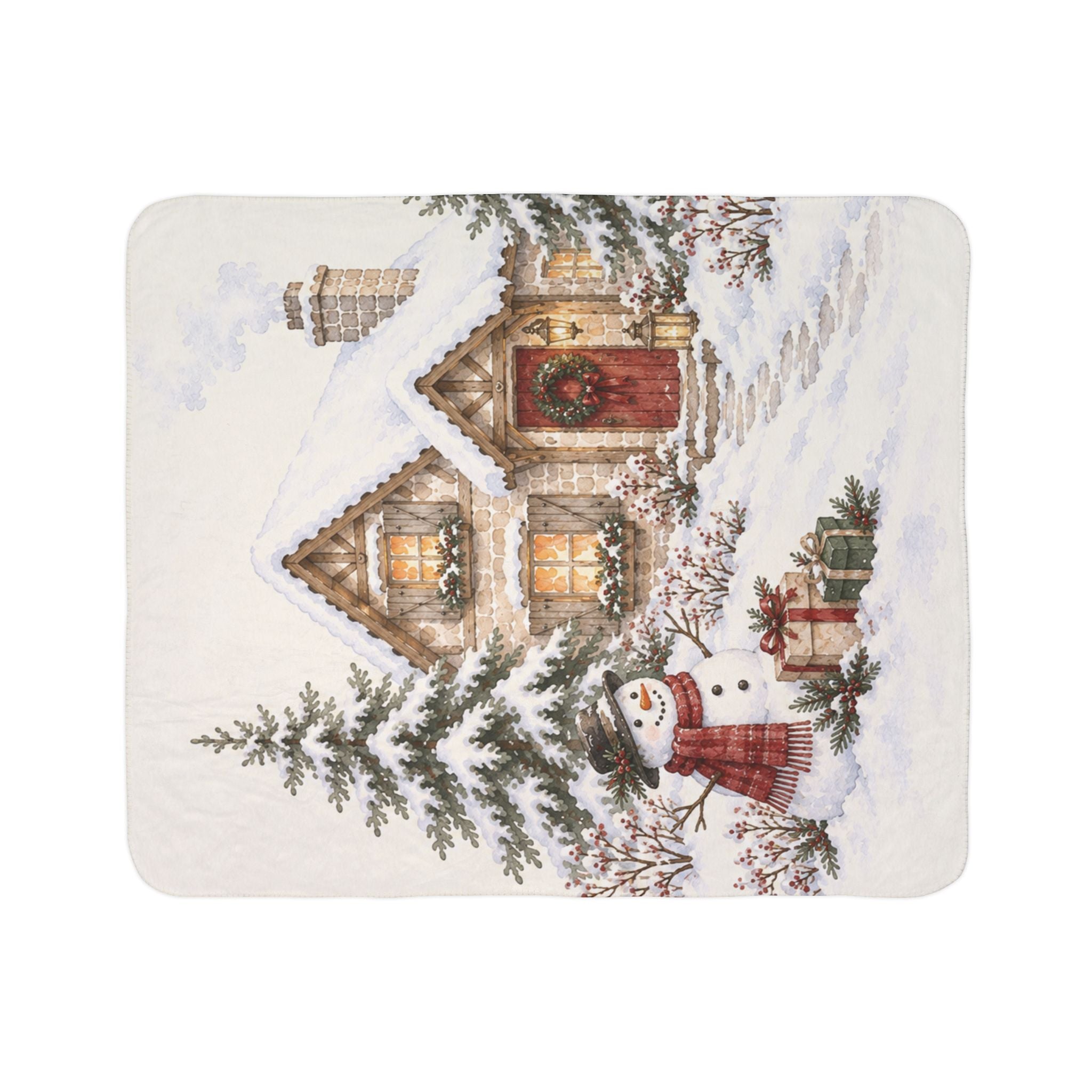 Snowy Cottage Sherpa Blanket — Cozy Christmas Cabin Throw with Snowman
