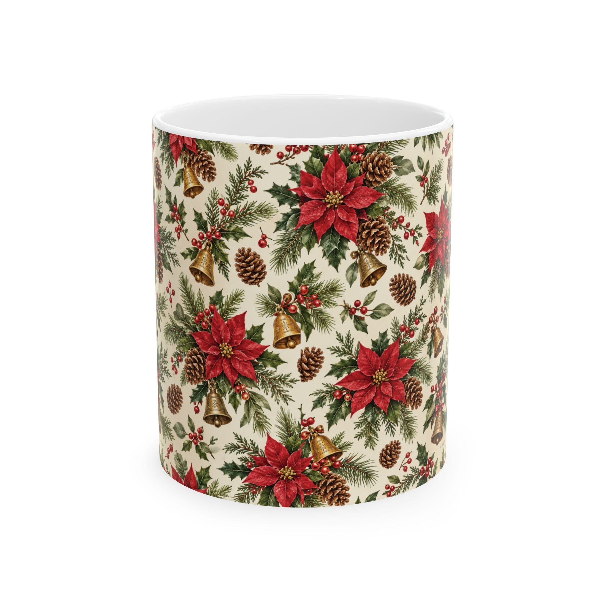 Poinsettia & Pinecone Christmas Mug – Festive Holiday Ceramic Coffee Cup (11oz, 15oz)