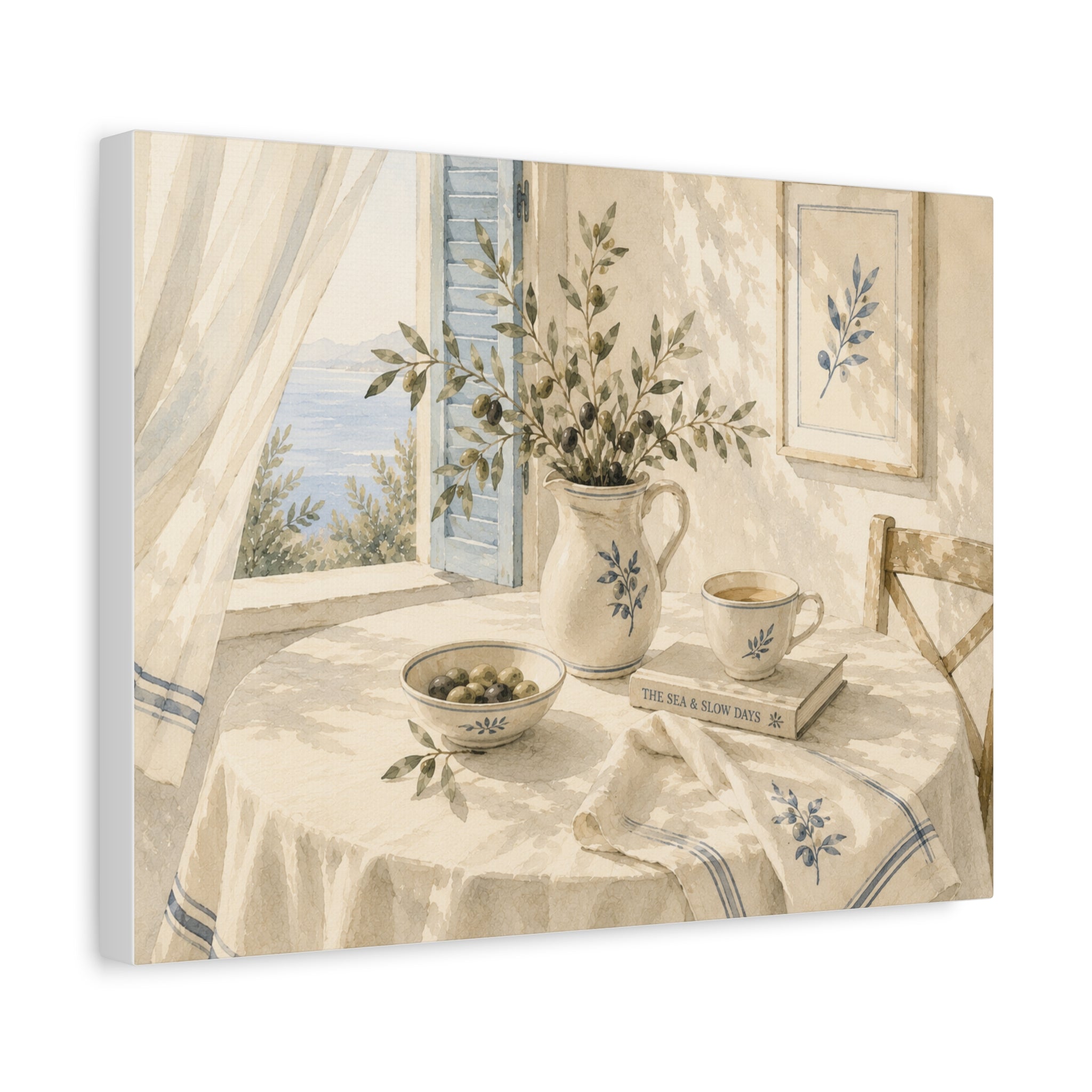 The Sea & Slow Days Canvas Wall Art, Mediterranean Watercolor Print, Calm Coastal Living Room Decor, Quiet Seaside Art, Solen