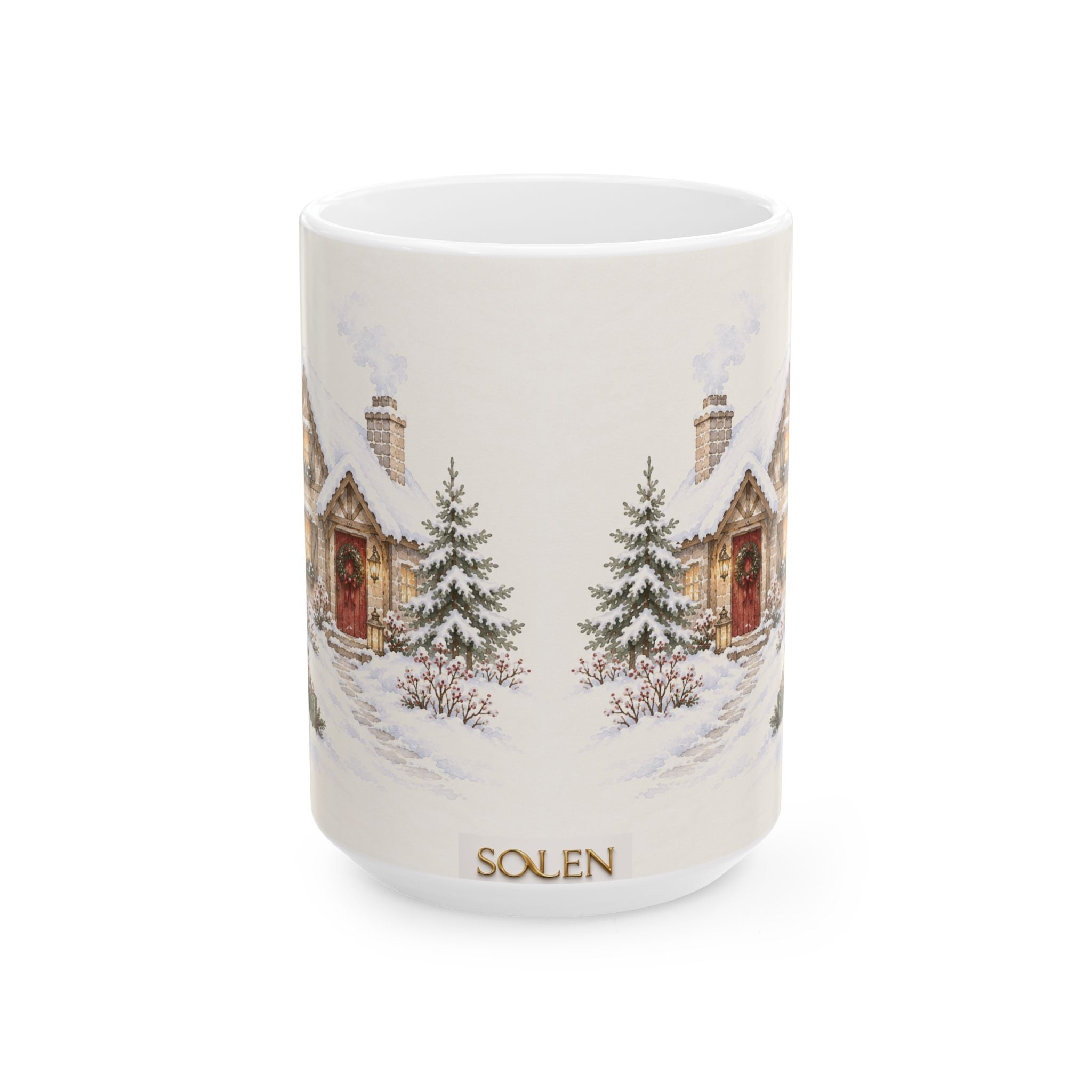 Winter Cottage Ceramic Mug – Cozy Snowy Cabin Coffee Cup (11oz & 15oz)