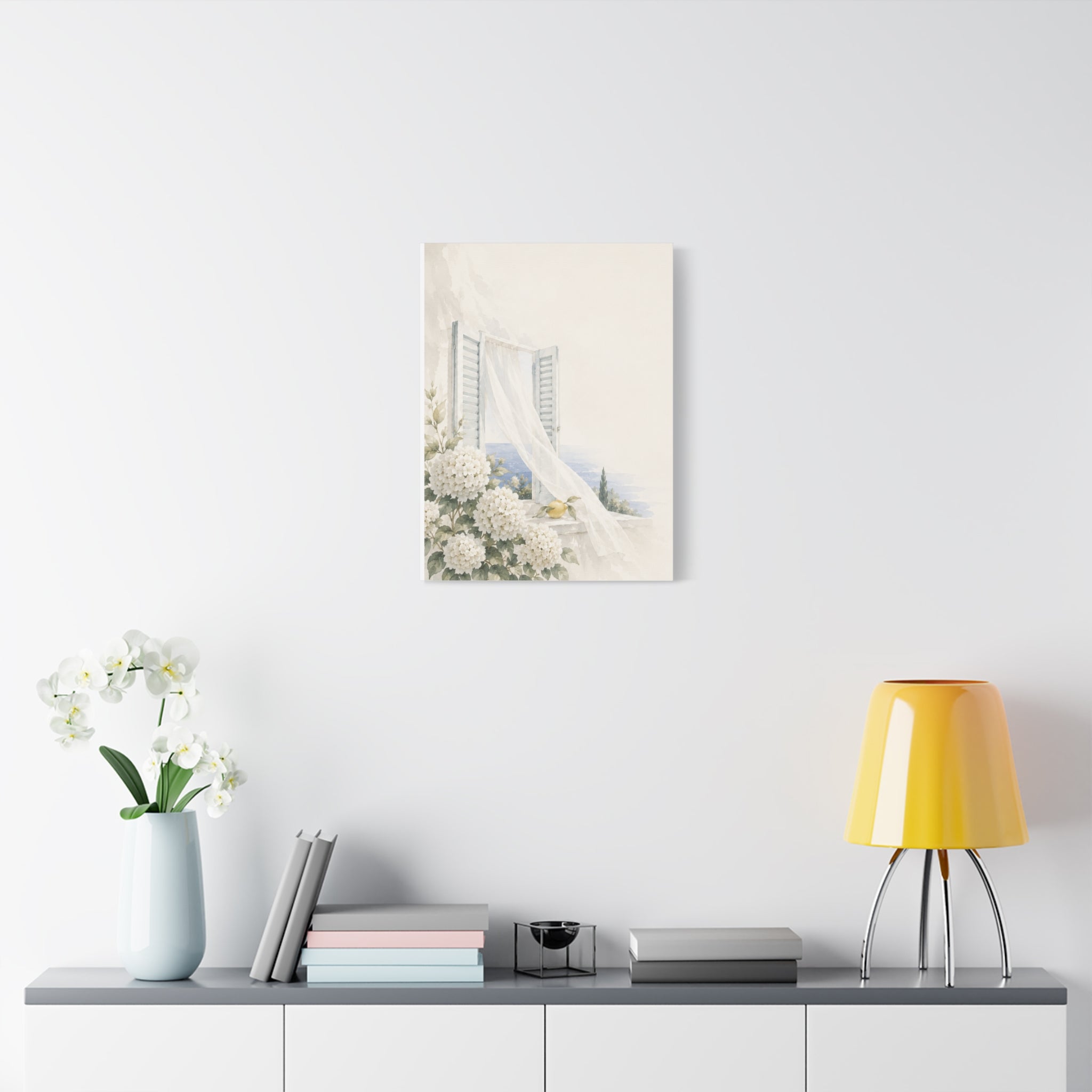 Open Shutters Coastal Window Canvas Wall Art, White Summer Sea View Print, Mediterranean Balcony Decor, Airy Beach Art, Solen