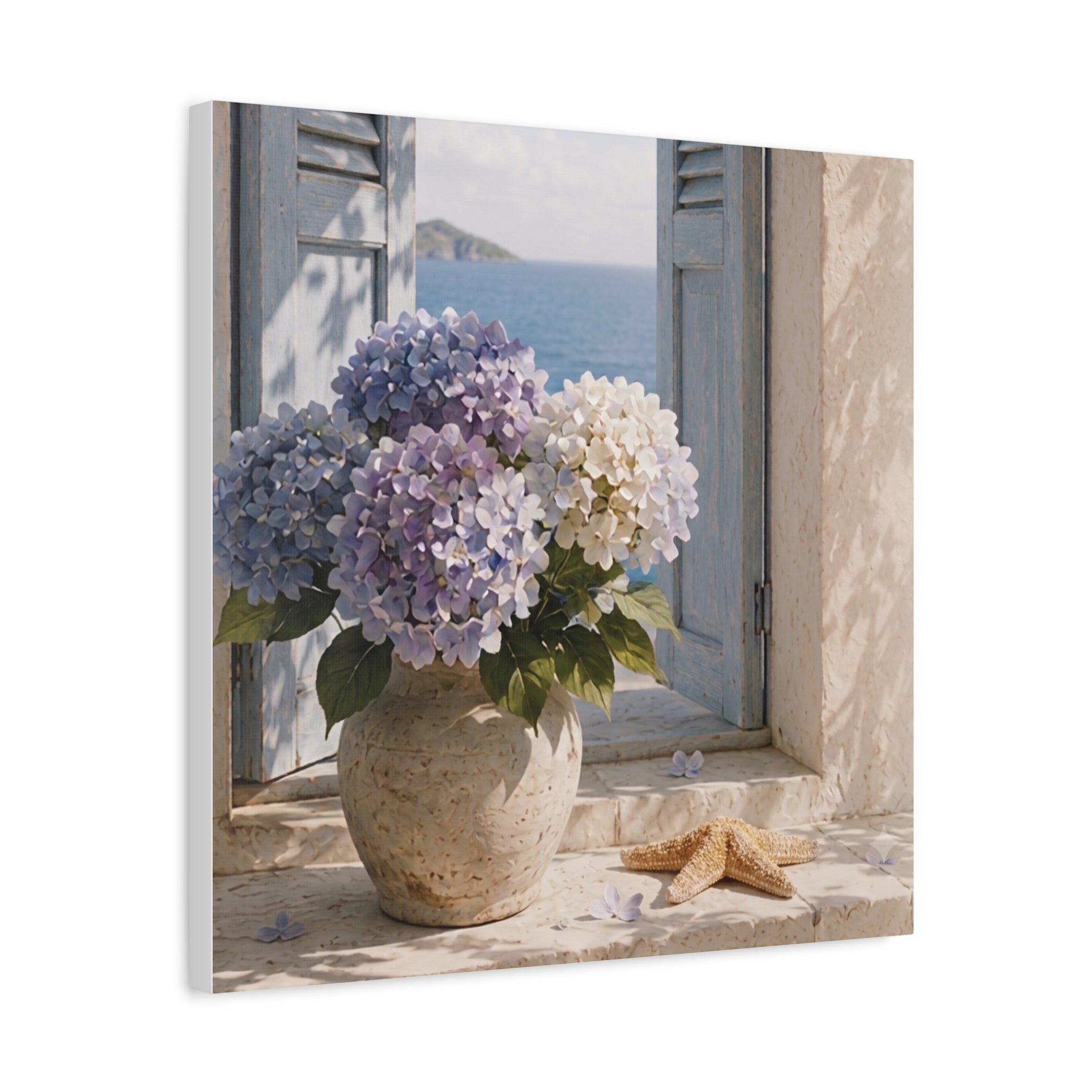 Hydrangea Seaside Canvas Art, Blue Hydrangea Coastal Wall Art, Solen