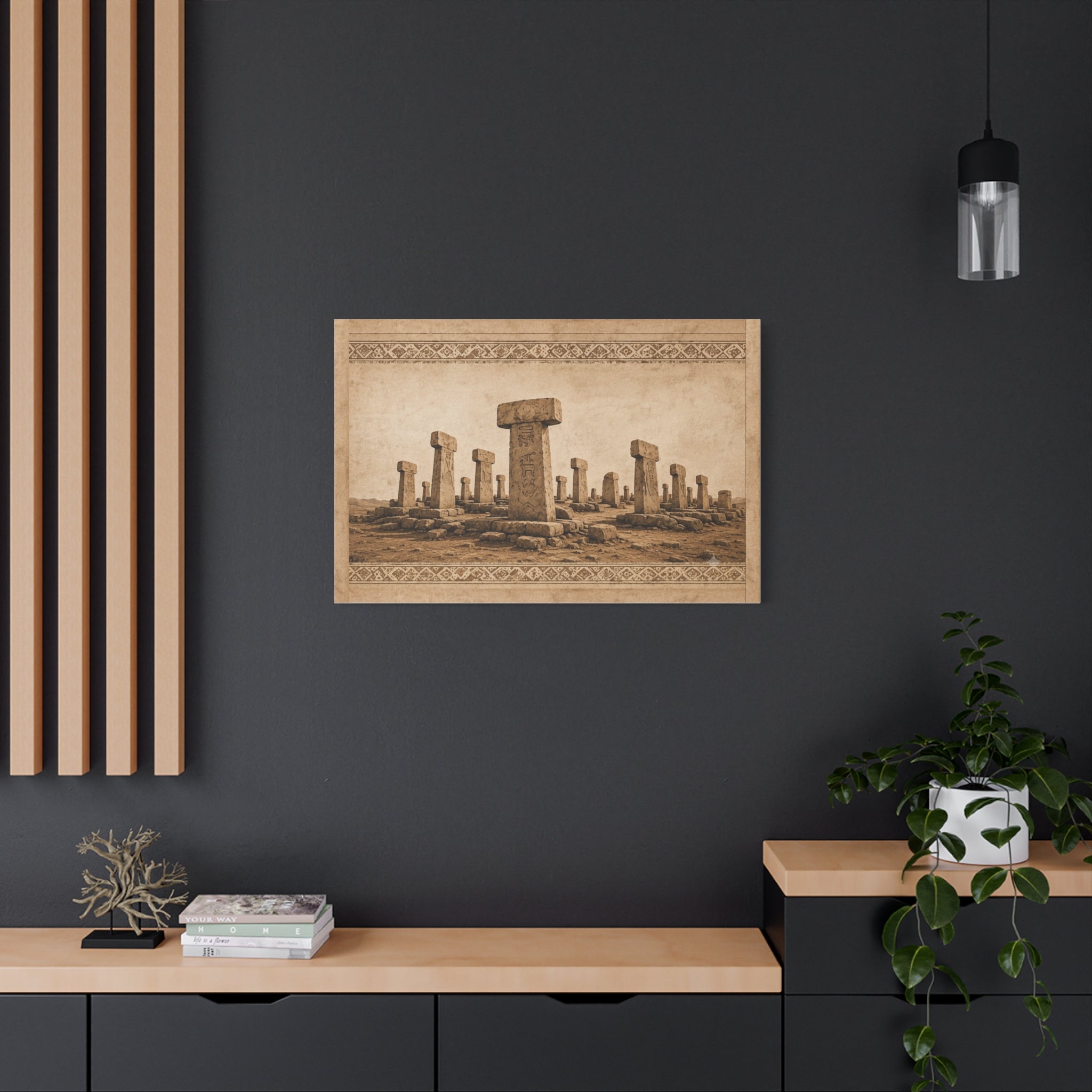 Göbeklitepe Wall Art Canvas, Ancient Stone Pillars Print, Sepia Archaeological Landscape, Anatolian Border Design, Large Wall Decor, Solen