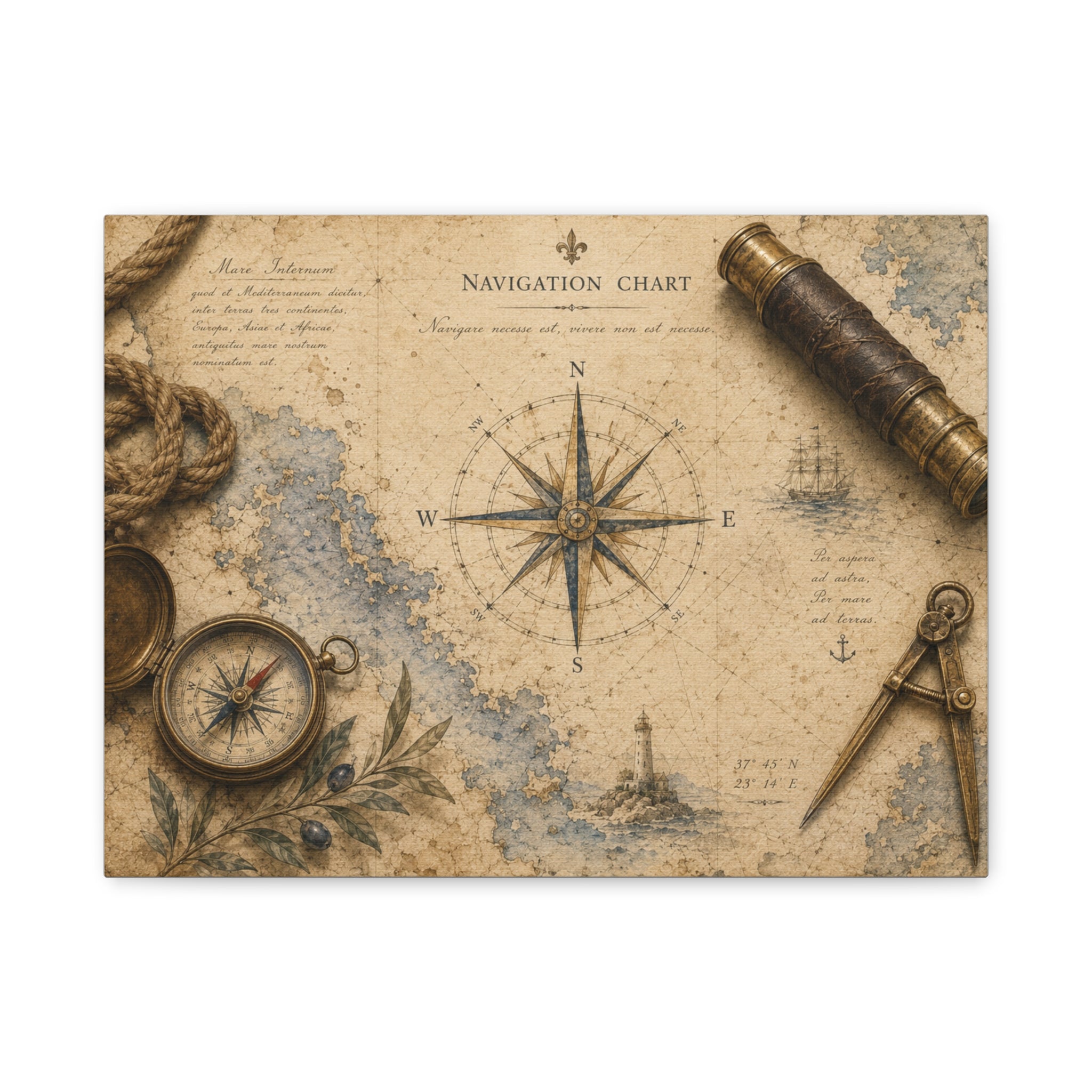 Navigation Chart Wall Art, Vintage Nautical Map Print, Antique Compass Decor, Solen