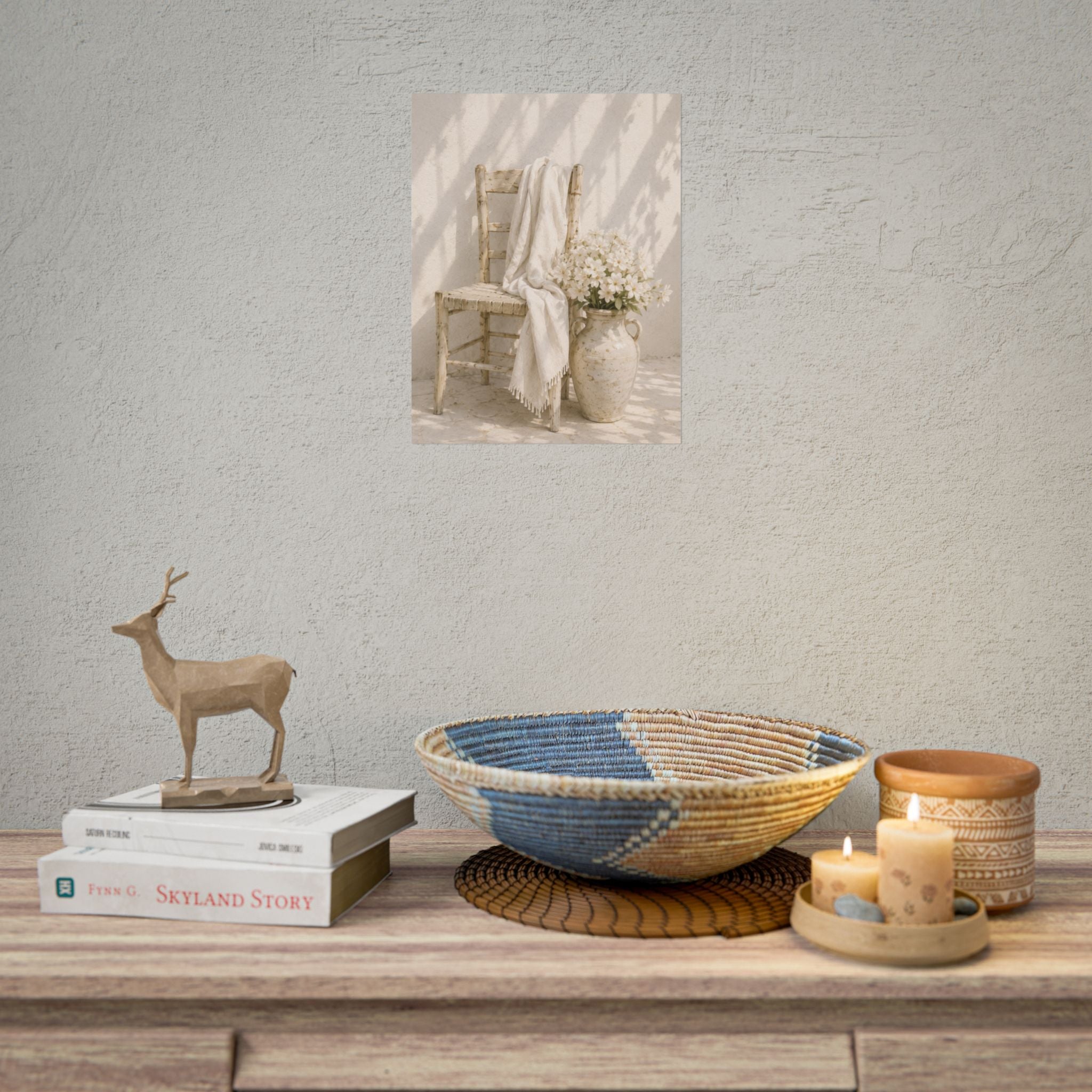 Mediterranean Poster, Neutral Coastal Wall Art, Rustic Chair & White Flowers Print, Minimalist Mediterranean Home Decor, Solen