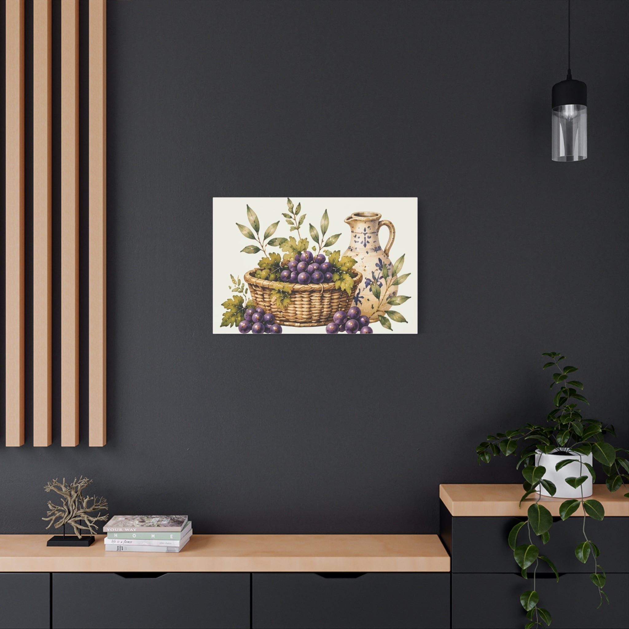 Grapes & Pitcher Matte Canvas Wall Art, Rustic Tuscan Kitchen Decor, Vintage Fruit Still Life Print, Dining Room Art, Solen