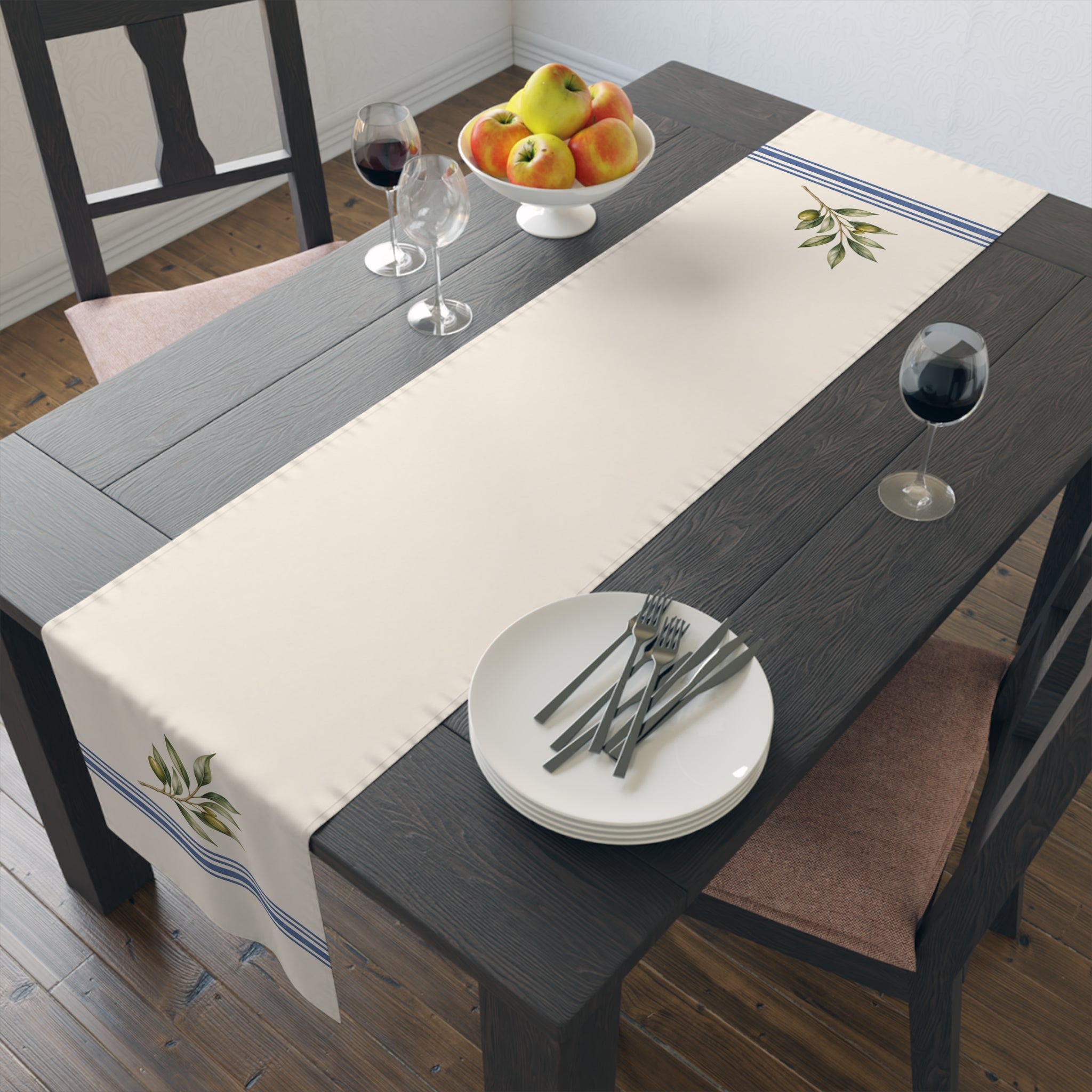 Olive Branch Farmhouse Table Runner, Cotton Mediterranean Runner, Rustic Green Kitchen Decor, Neutral Dining Linen, Solen