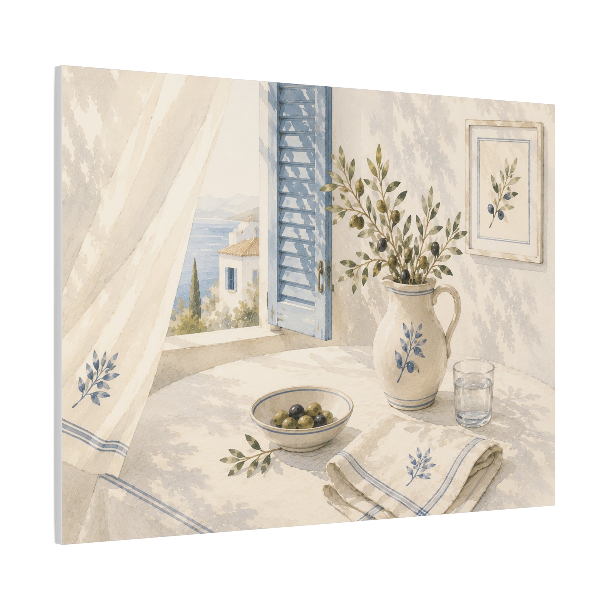 Mediterranean Window Canvas Wall Art, Blue Shutters & Olive Branch Print, Coastal Ceramic Still Life Decor, Window Stories, Solen