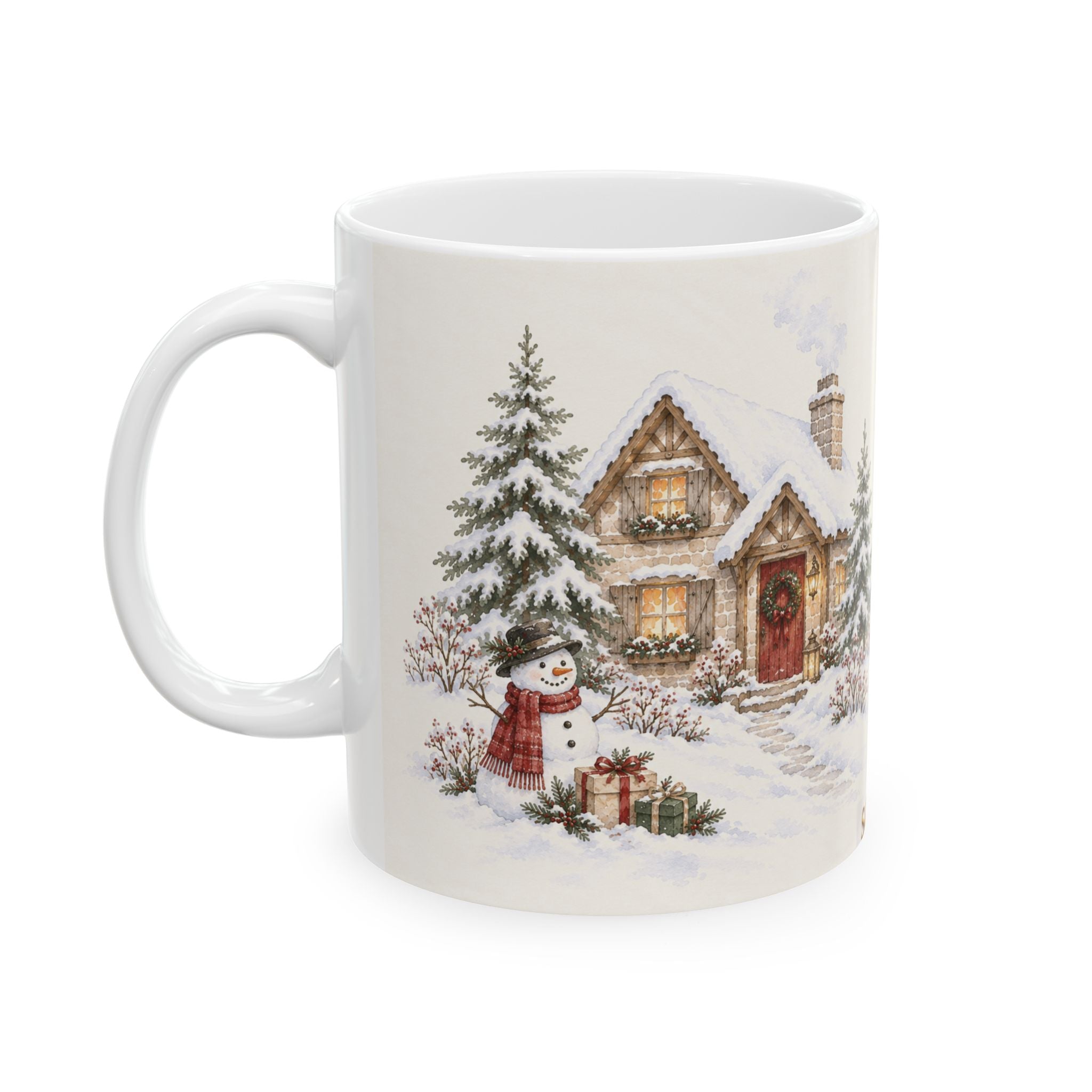 Winter Cottage Ceramic Mug – Cozy Snowy Cabin Coffee Cup (11oz & 15oz)