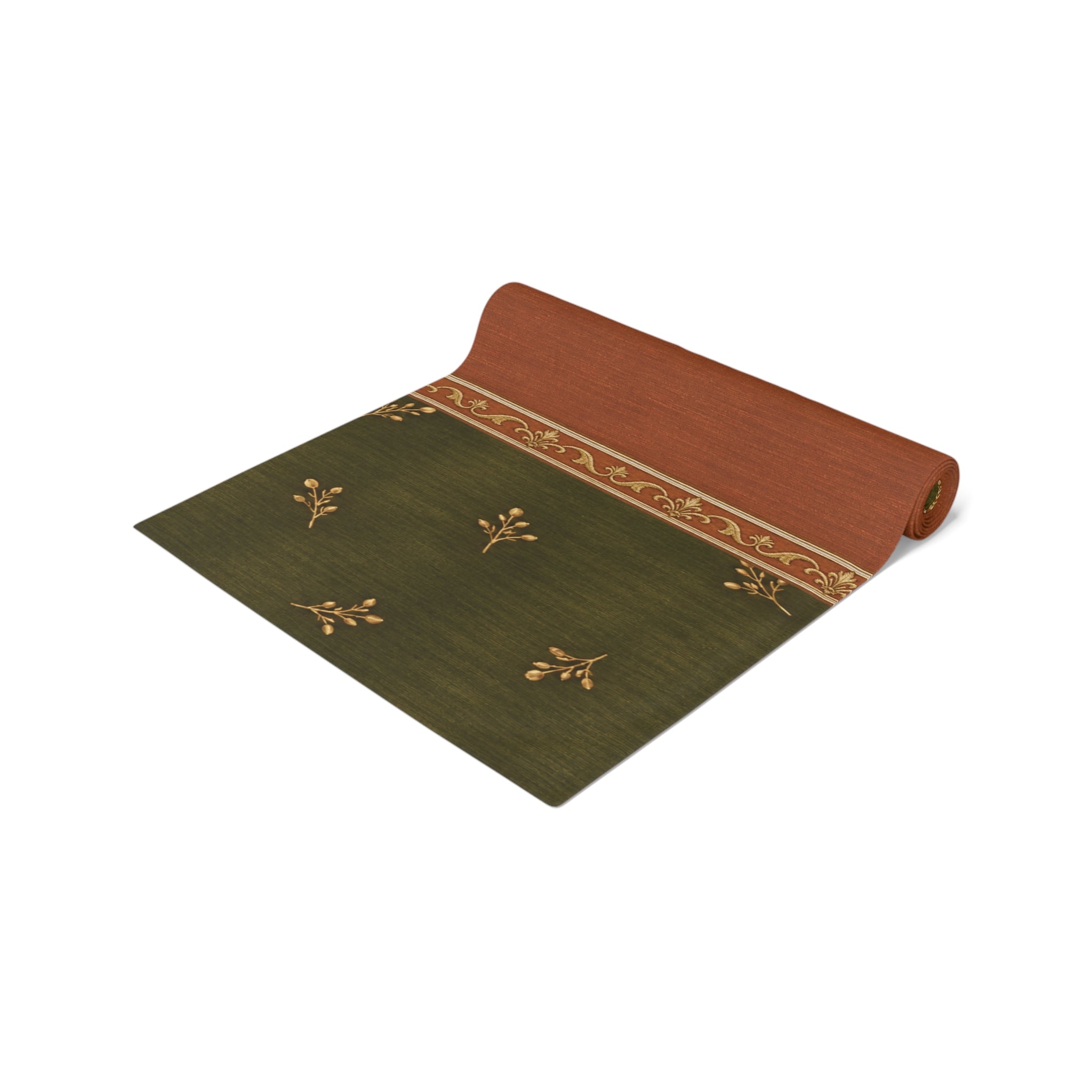Rustic Olive & Terracotta Table Runner — Floral Border Cotton-Poly Blend