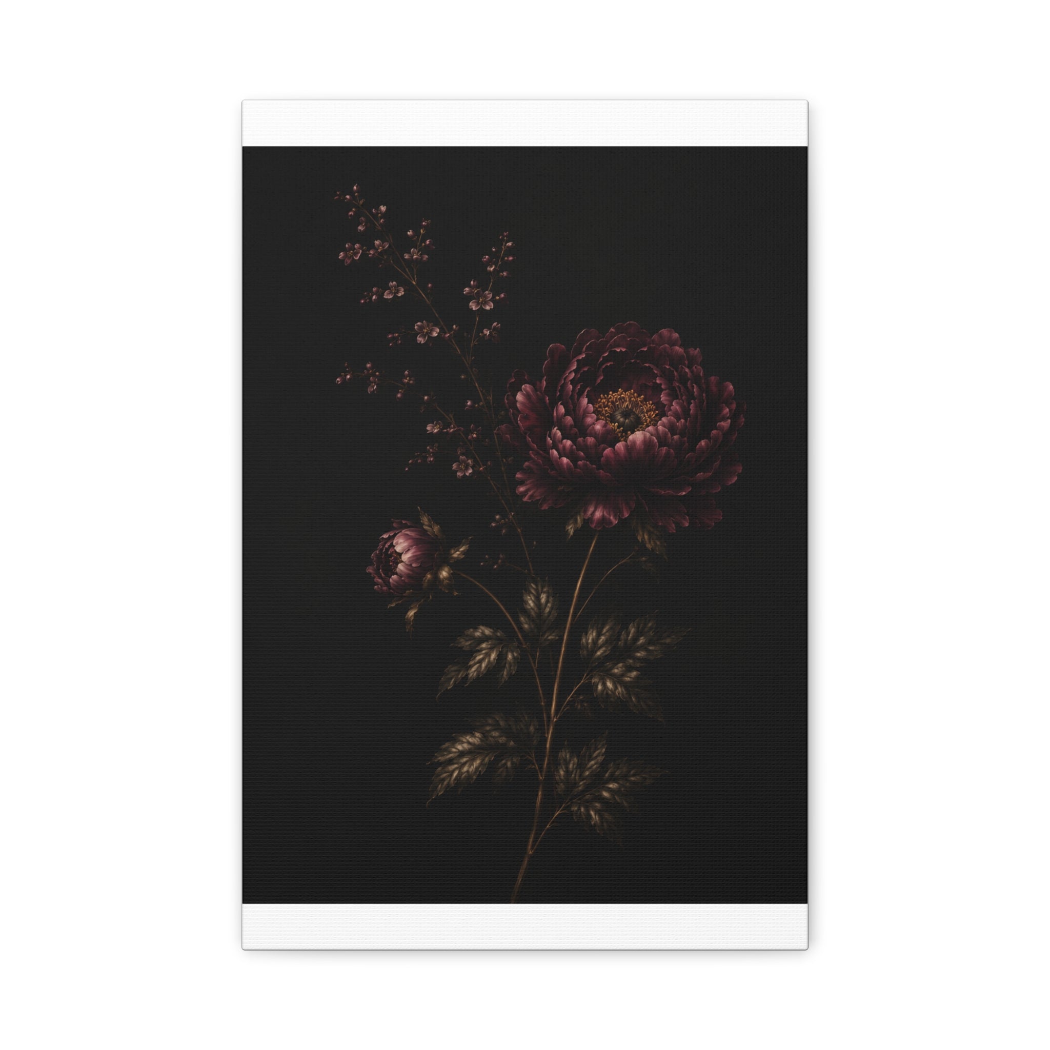 Dark Peony Canvas Wall Art, Moody Black Floral Print, Vintage Botanical Painting, Midnight Bloom Wall Decor, Solen