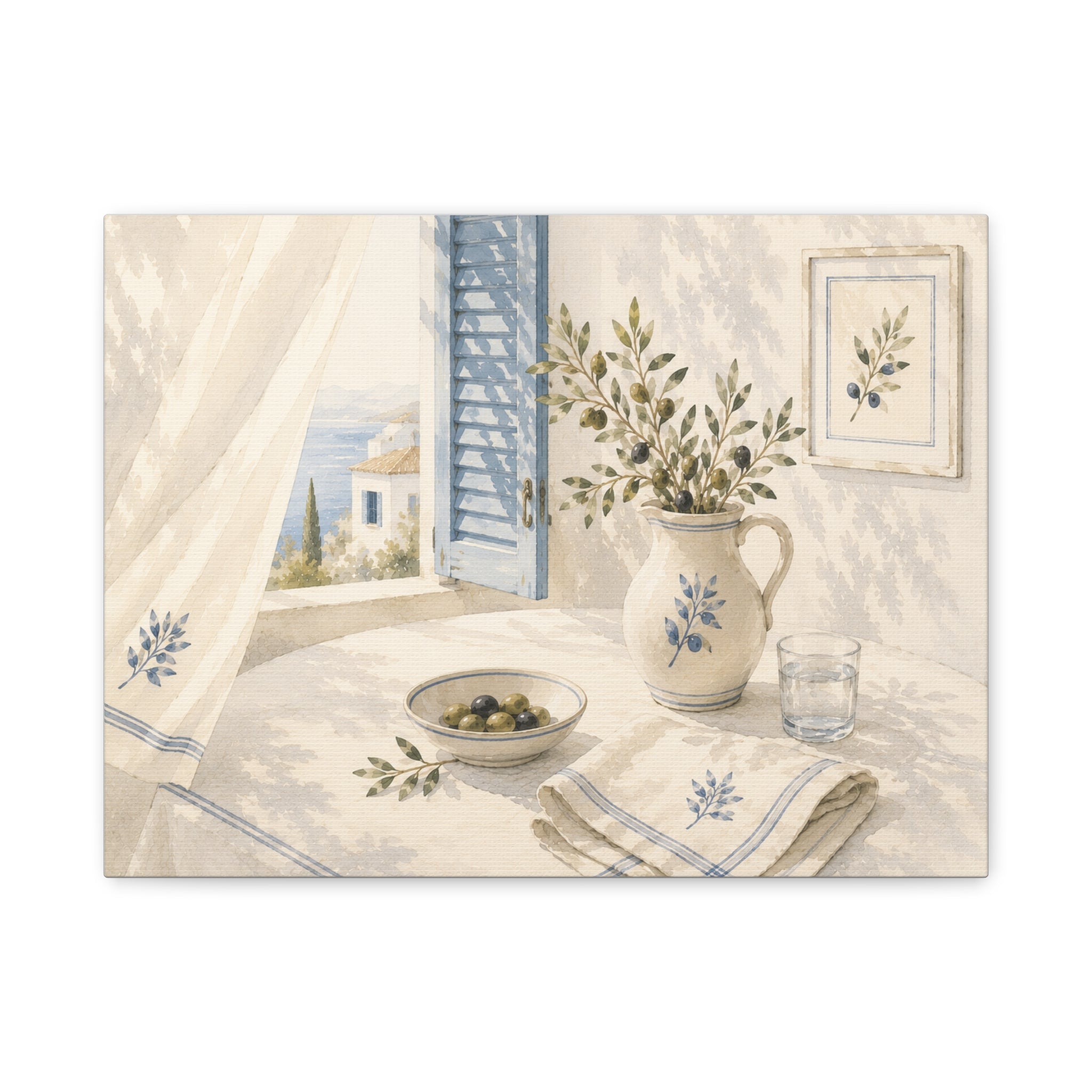 Mediterranean Window Canvas Wall Art, Blue Shutters & Olive Branch Print, Coastal Ceramic Still Life Decor, Window Stories, Solen